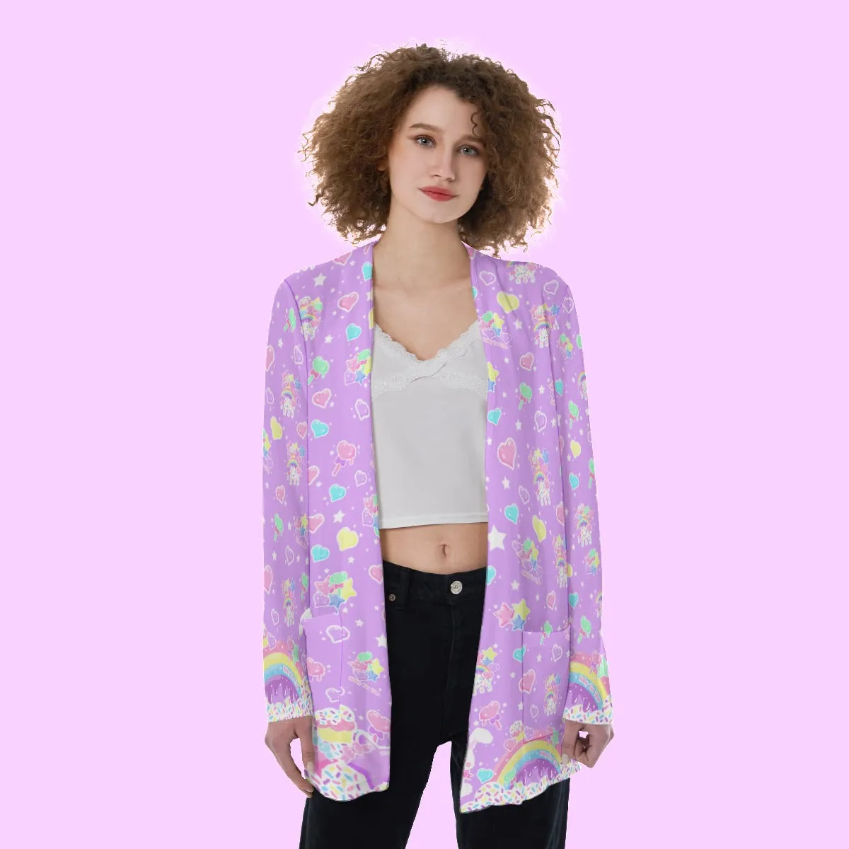 Rainbow Sweets Purple Open Front Lightweight Cardigan With Pockets