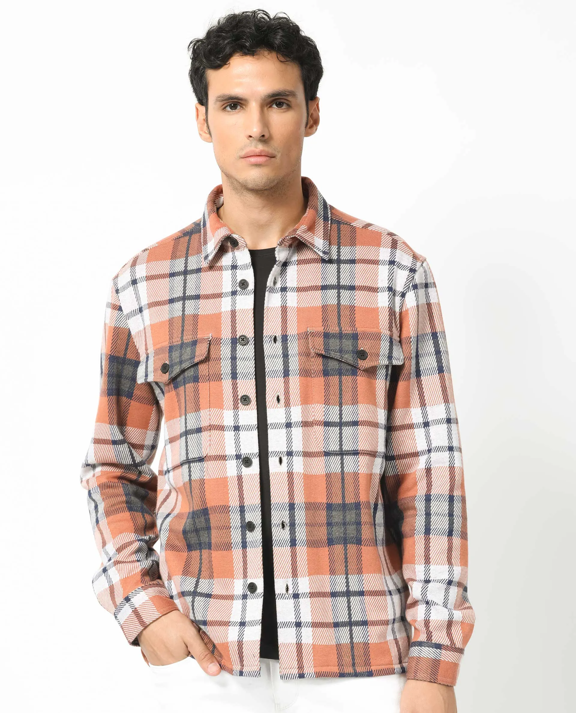 Rare Rabbit Men's Bello Rust Cotton Fabric Full Sleeves Button Closure Checks Shacket