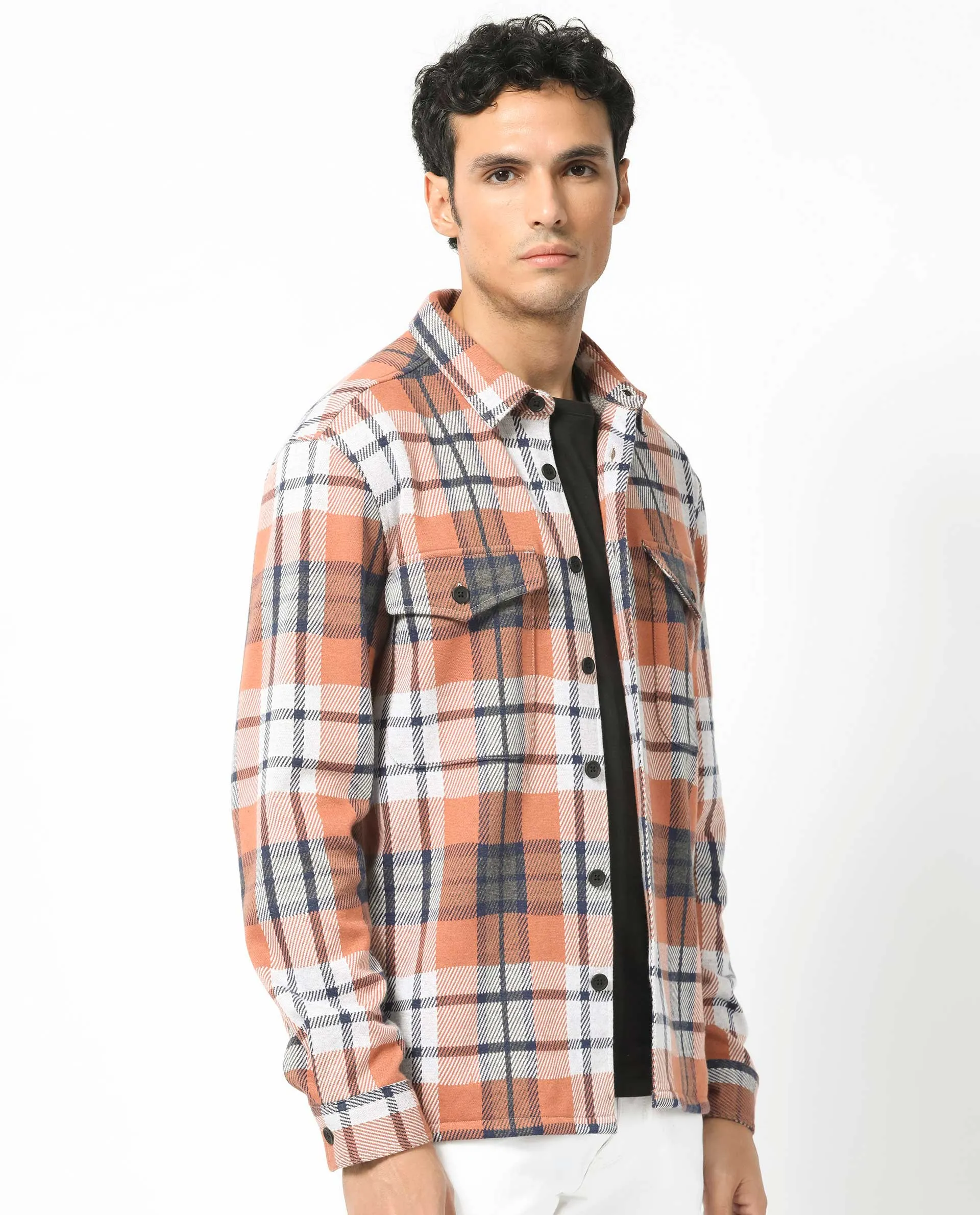 Rare Rabbit Men's Bello Rust Cotton Fabric Full Sleeves Button Closure Checks Shacket