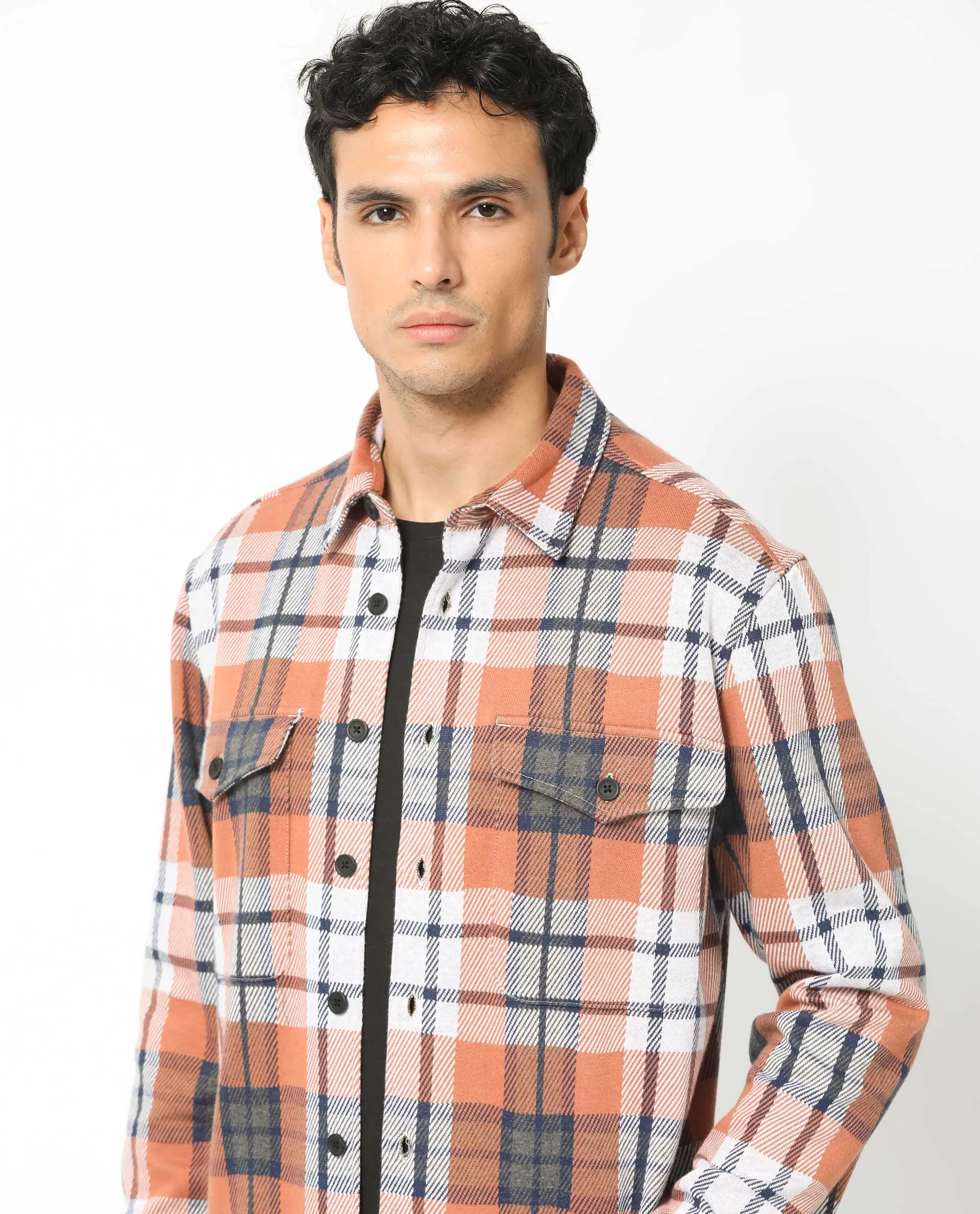 Rare Rabbit Men's Bello Rust Cotton Fabric Full Sleeves Button Closure Checks Shacket