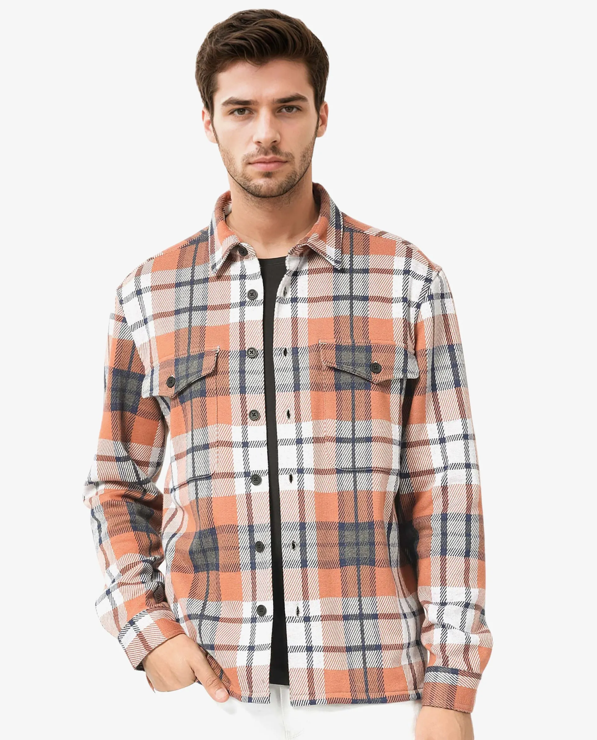 Rare Rabbit Men's Bello Rust Cotton Fabric Full Sleeves Button Closure Checks Shacket