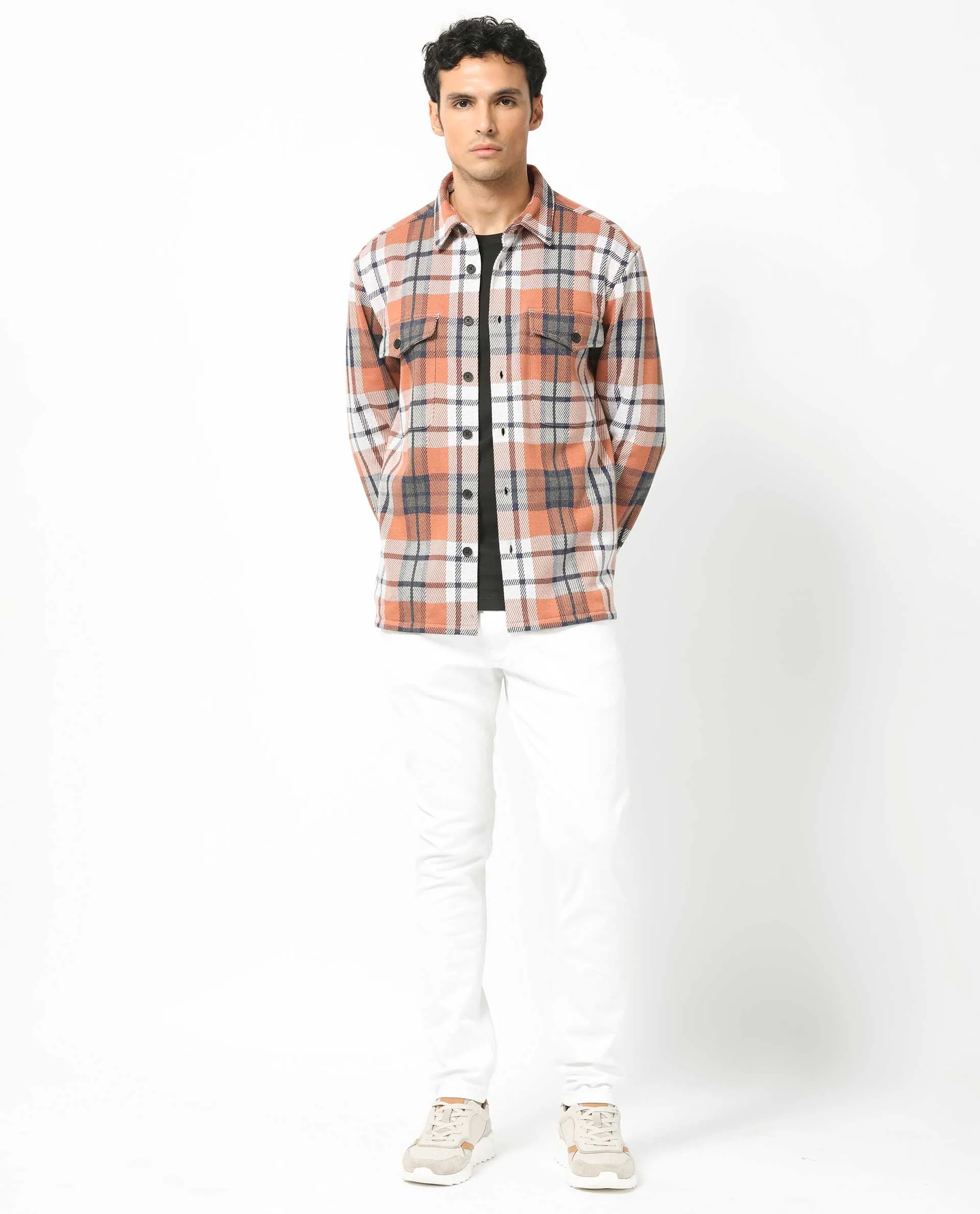 Rare Rabbit Men's Bello Rust Cotton Fabric Full Sleeves Button Closure Checks Shacket