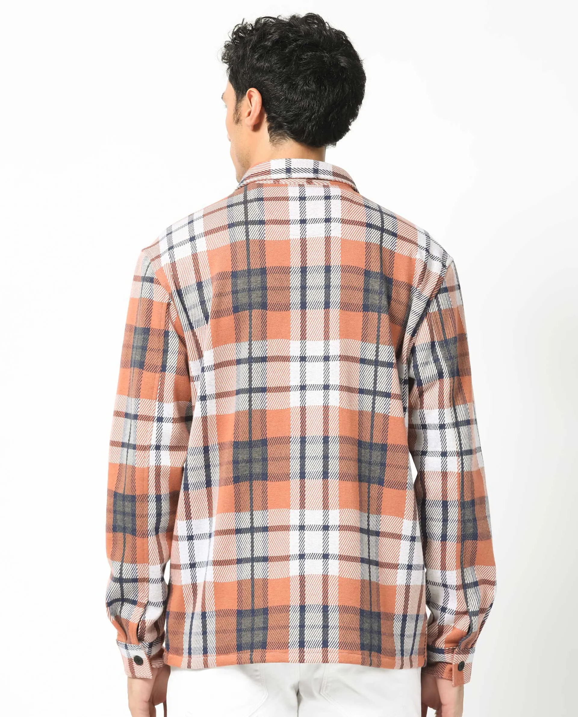 Rare Rabbit Men's Bello Rust Cotton Fabric Full Sleeves Button Closure Checks Shacket