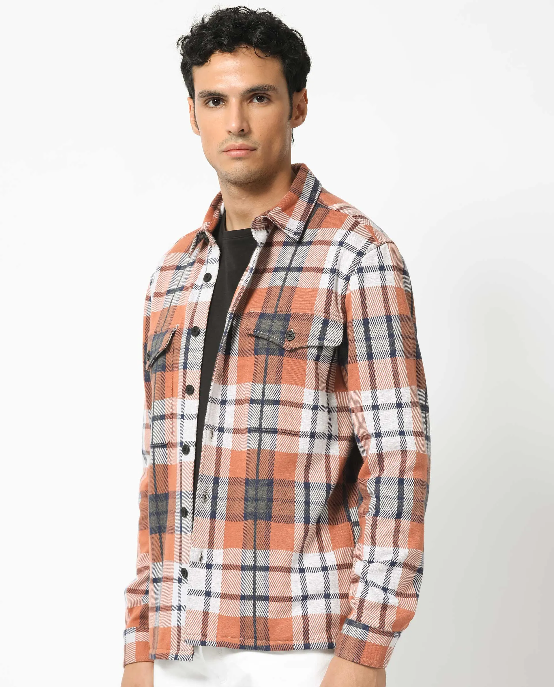 Rare Rabbit Men's Bello Rust Cotton Fabric Full Sleeves Button Closure Checks Shacket