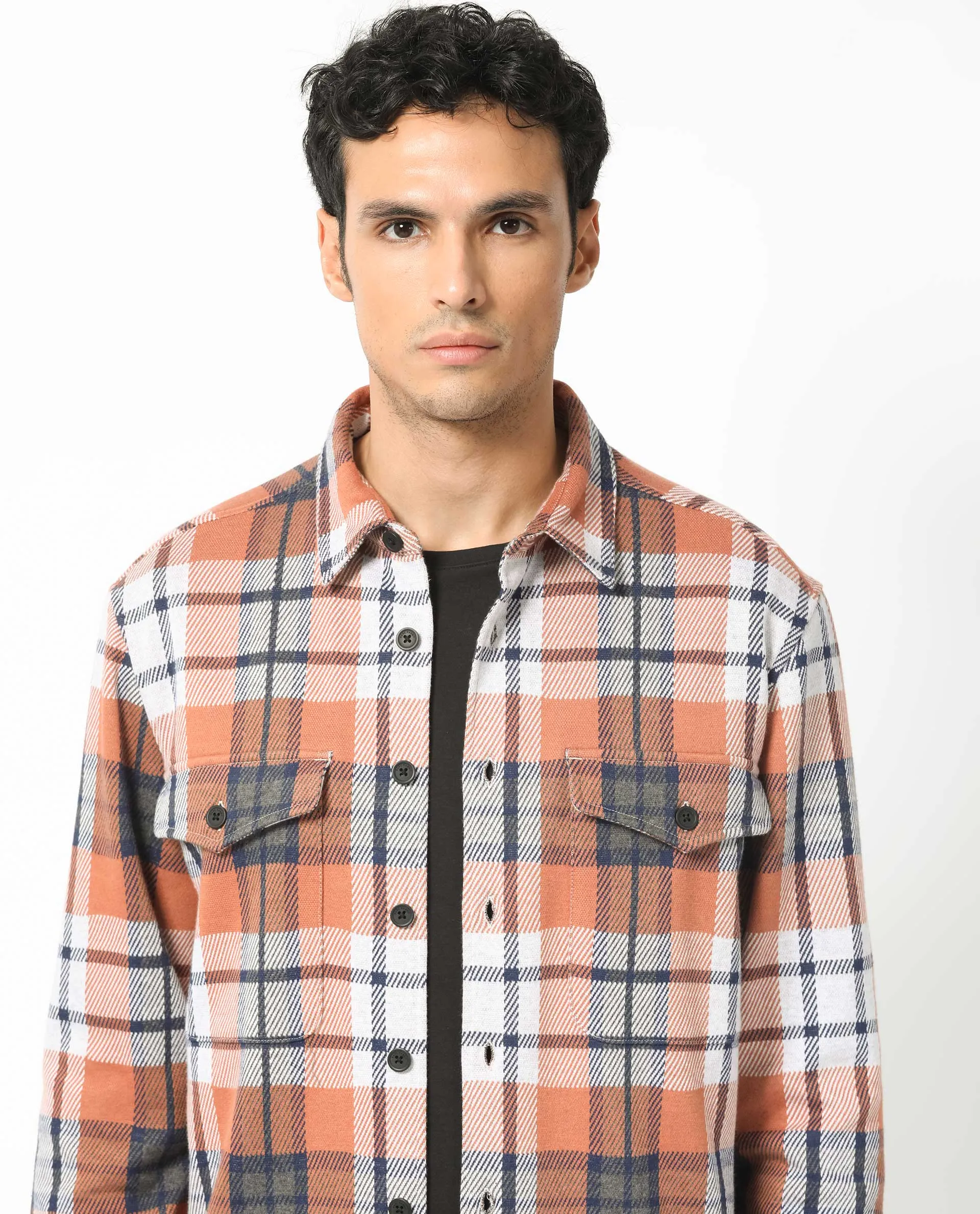 Rare Rabbit Men's Bello Rust Cotton Fabric Full Sleeves Button Closure Checks Shacket