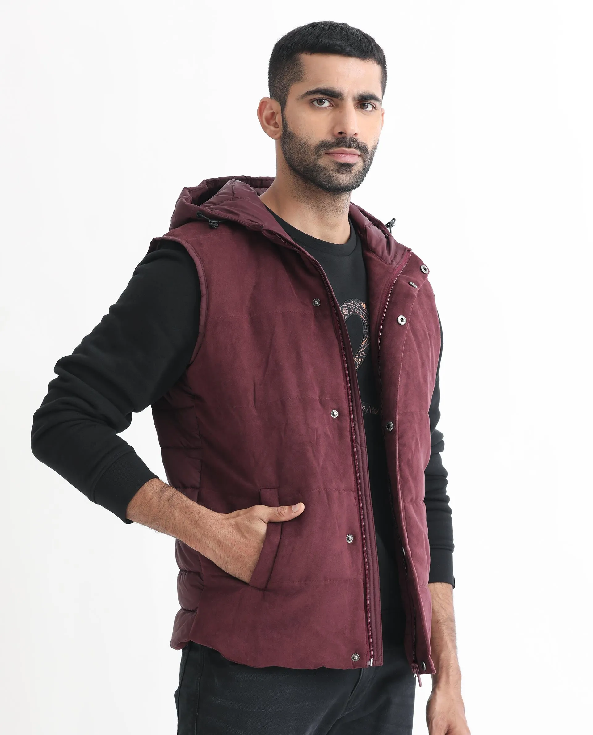 Rare Rabbit Men's Rald Maroon Suede Sleeveless Hooded Puffer Jacket