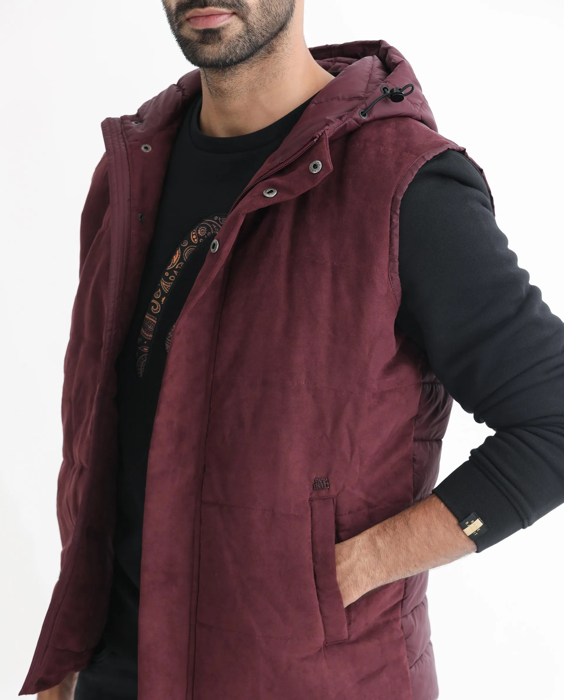 Rare Rabbit Men's Rald Maroon Suede Sleeveless Hooded Puffer Jacket