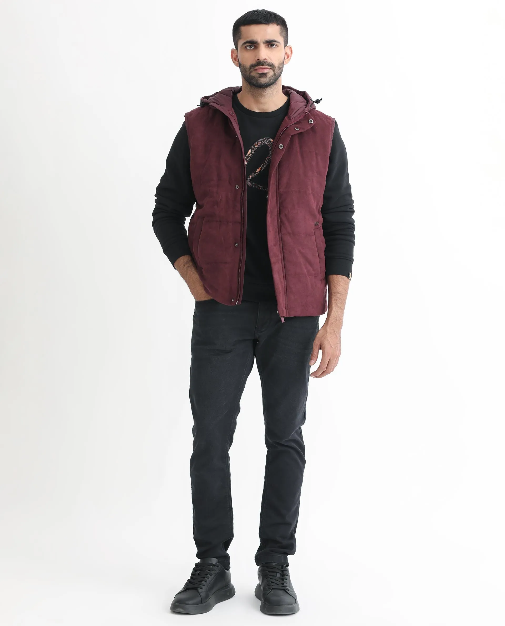 Rare Rabbit Men's Rald Maroon Suede Sleeveless Hooded Puffer Jacket