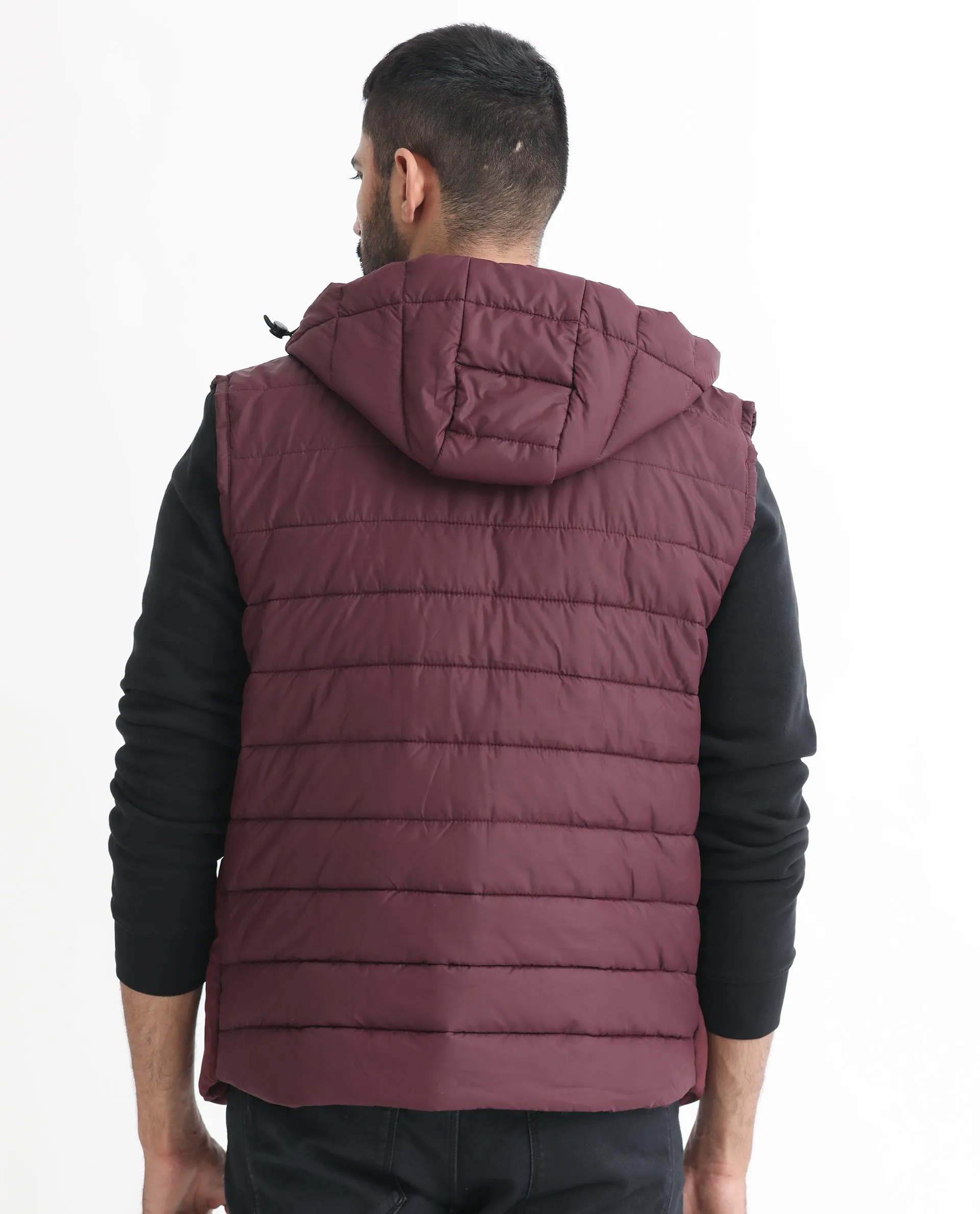 Rare Rabbit Men's Rald Maroon Suede Sleeveless Hooded Puffer Jacket