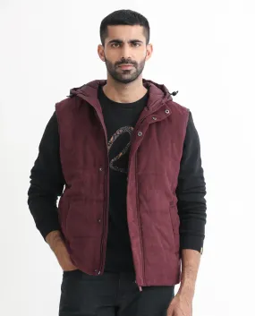 Rare Rabbit Men's Rald Maroon Suede Sleeveless Hooded Puffer Jacket