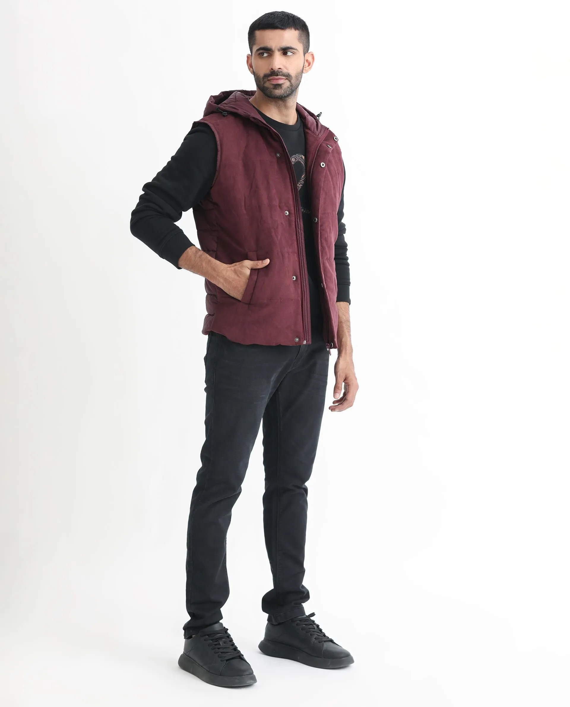 Rare Rabbit Men's Rald Maroon Suede Sleeveless Hooded Puffer Jacket