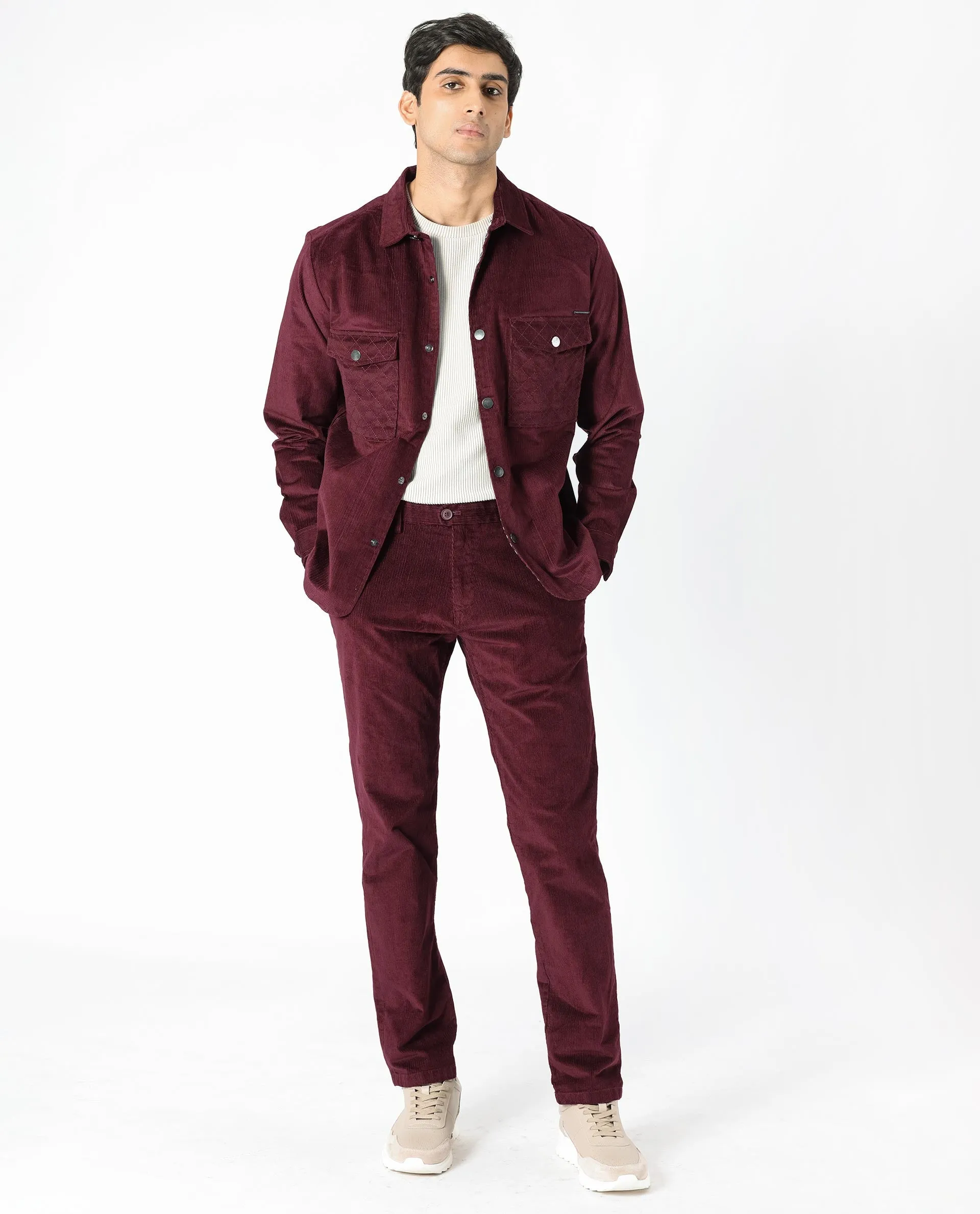 Rare Rabbit Men's Upto Dark Maroon Cotton Modal Fabric Full Sleeves Solid Corduroy Shacket