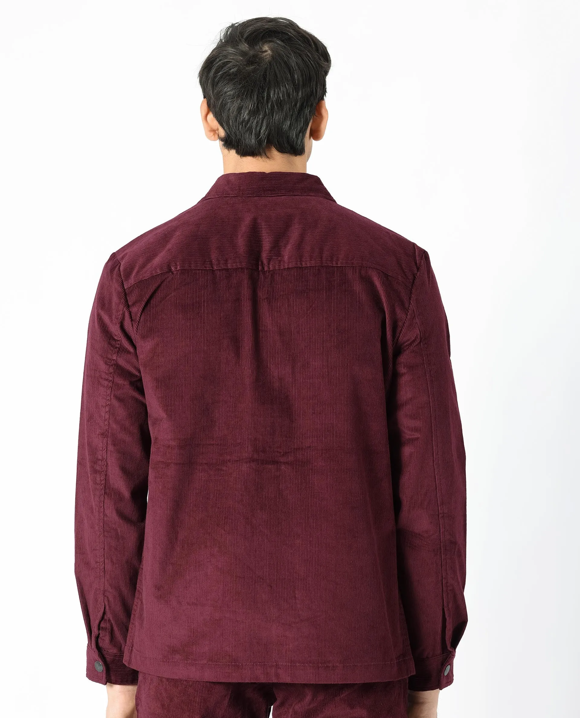 Rare Rabbit Men's Upto Dark Maroon Cotton Modal Fabric Full Sleeves Solid Corduroy Shacket