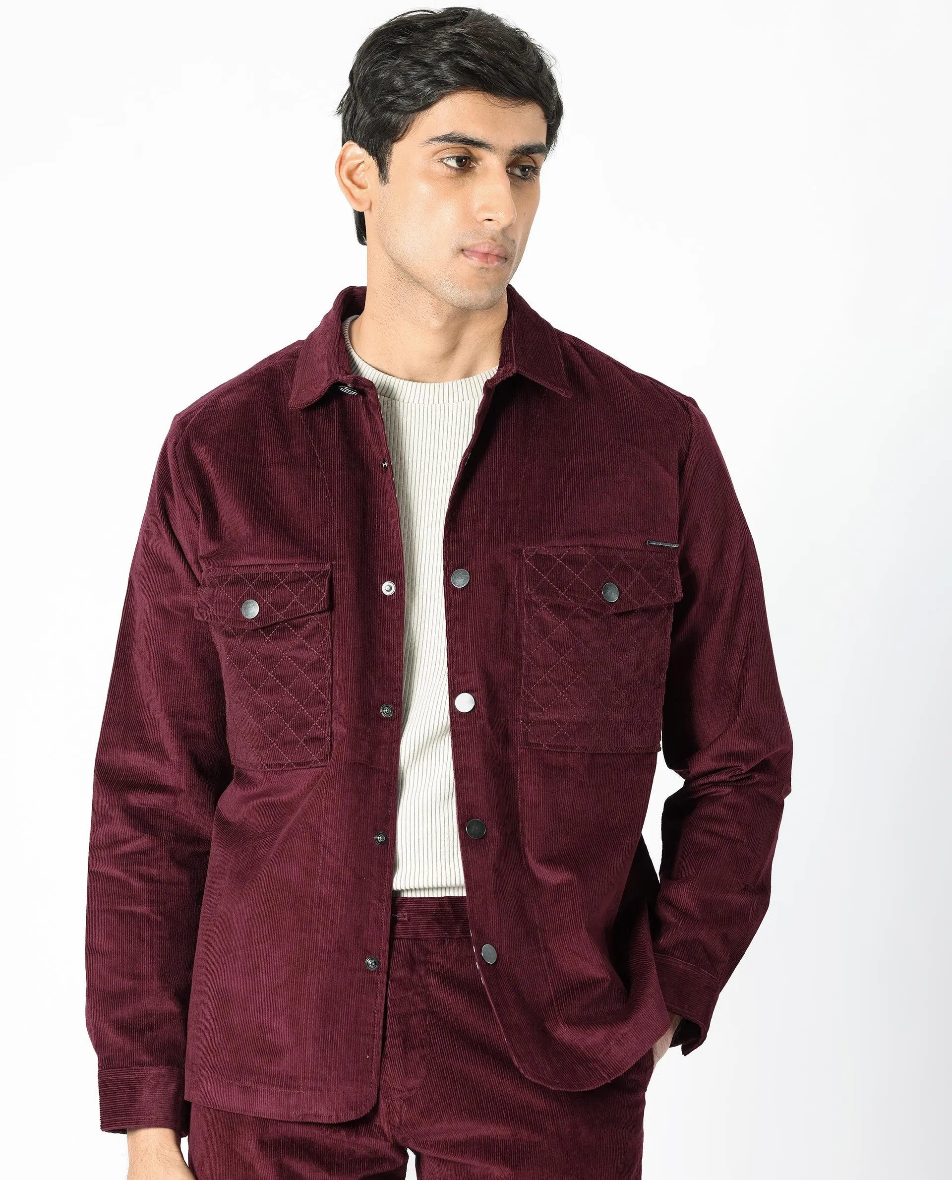 Rare Rabbit Men's Upto Dark Maroon Cotton Modal Fabric Full Sleeves Solid Corduroy Shacket