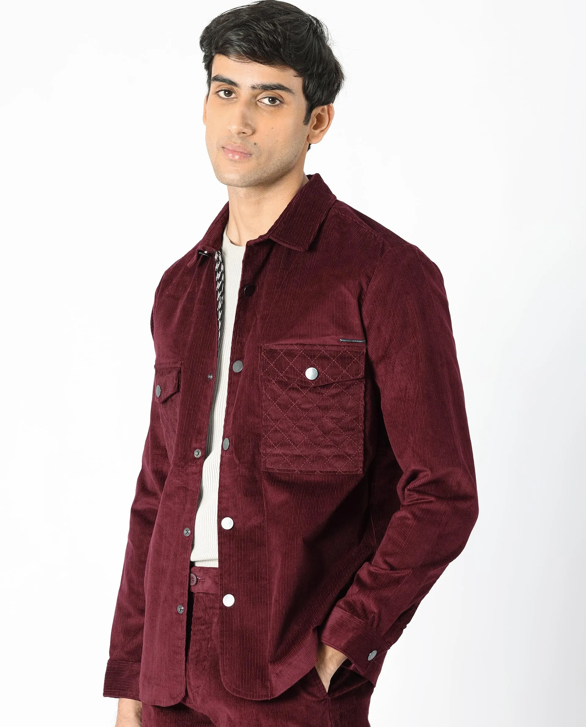 Rare Rabbit Men's Upto Dark Maroon Cotton Modal Fabric Full Sleeves Solid Corduroy Shacket