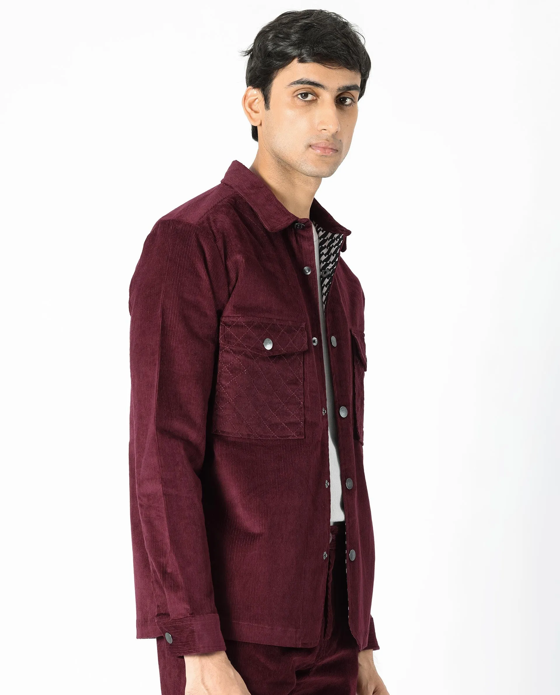 Rare Rabbit Men's Upto Dark Maroon Cotton Modal Fabric Full Sleeves Solid Corduroy Shacket