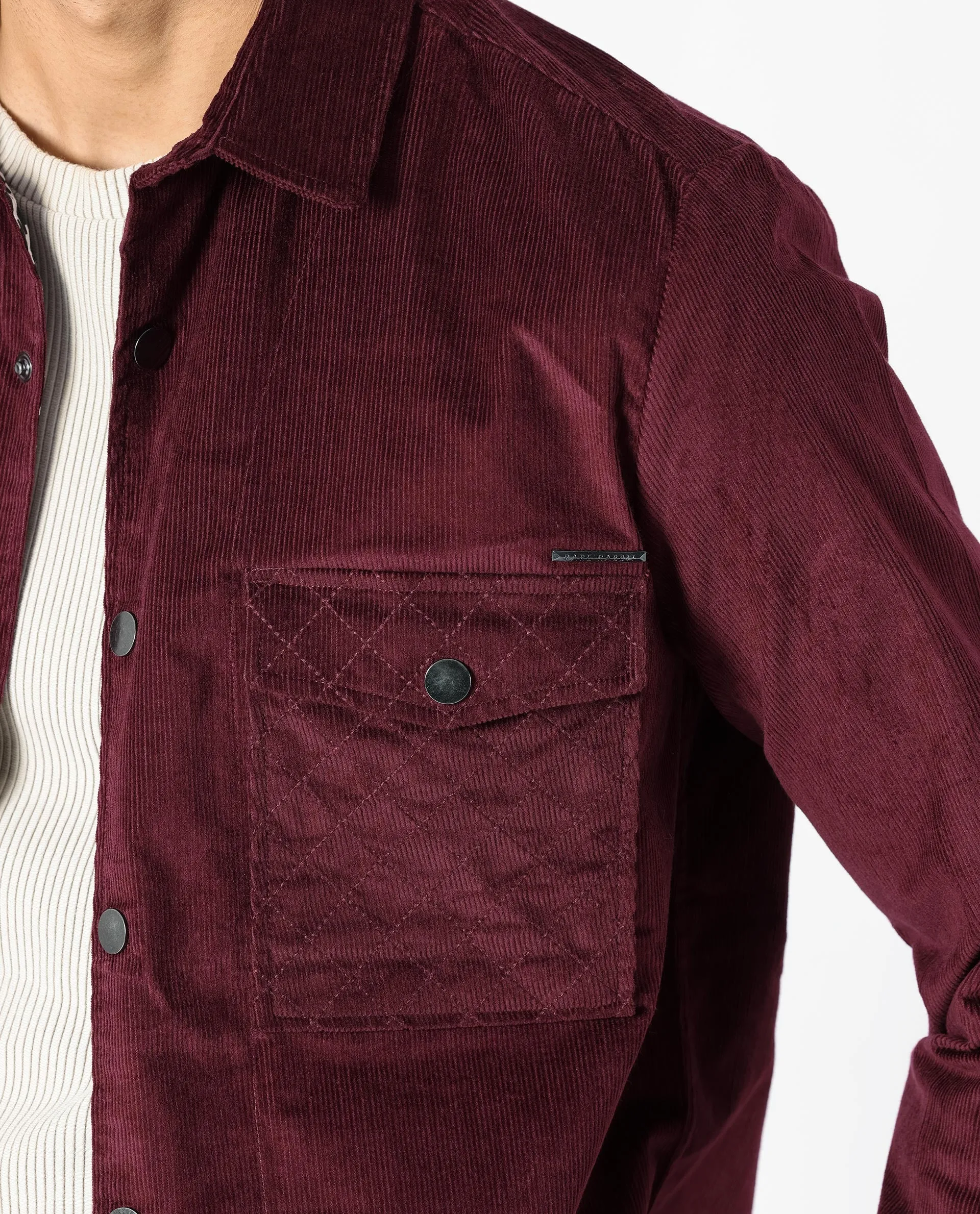 Rare Rabbit Men's Upto Dark Maroon Cotton Modal Fabric Full Sleeves Solid Corduroy Shacket