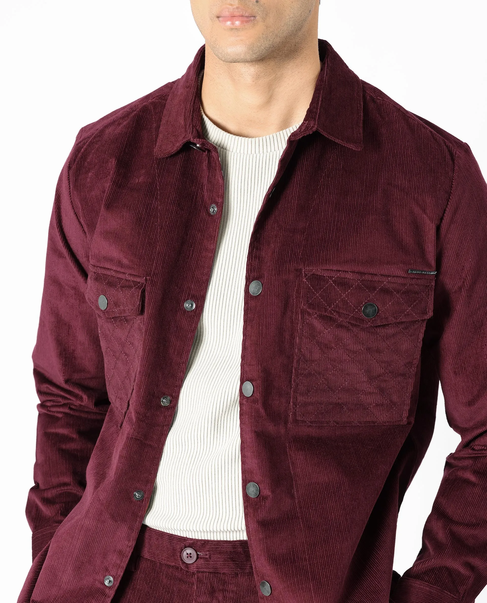 Rare Rabbit Men's Upto Dark Maroon Cotton Modal Fabric Full Sleeves Solid Corduroy Shacket