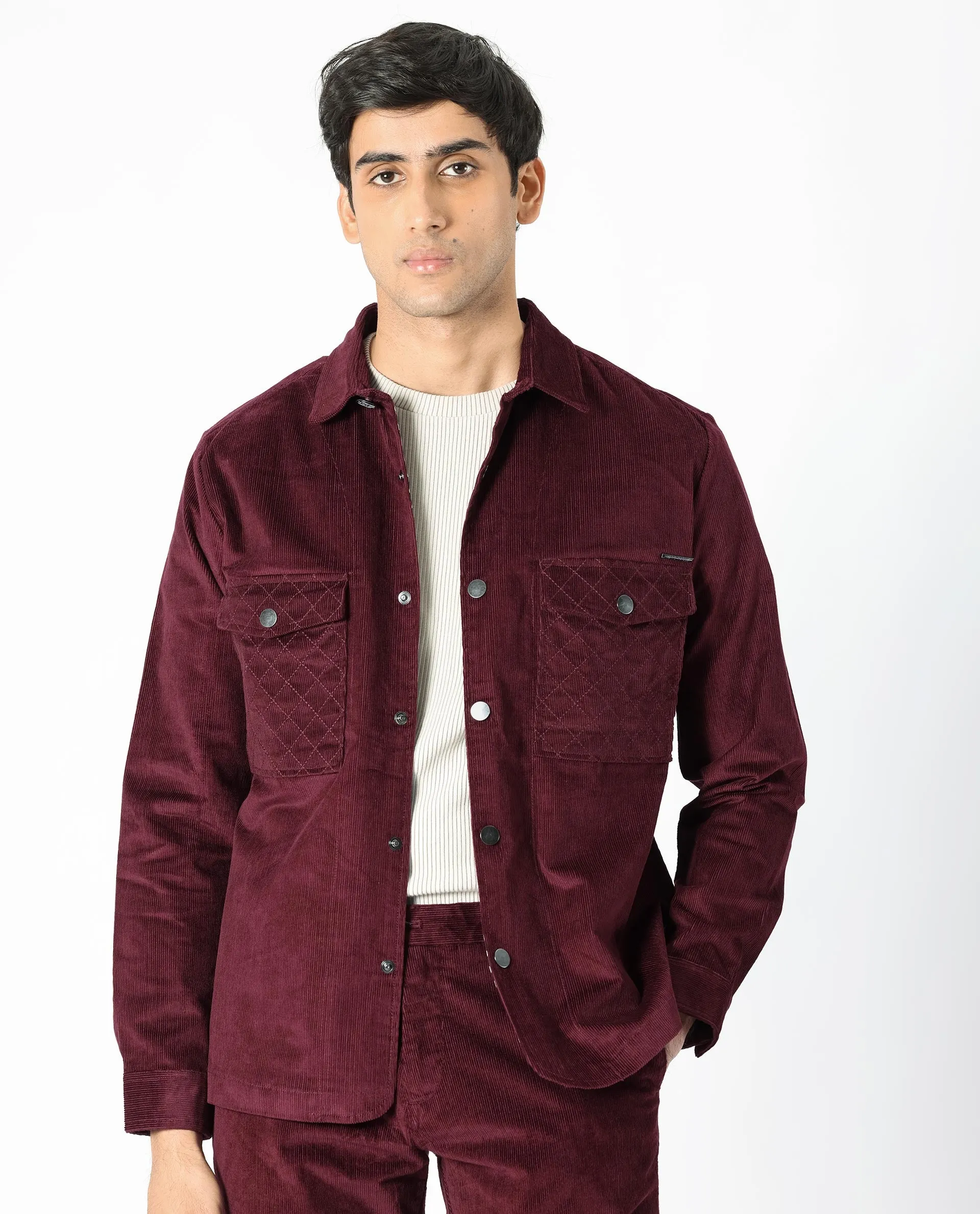 Rare Rabbit Men's Upto Dark Maroon Cotton Modal Fabric Full Sleeves Solid Corduroy Shacket