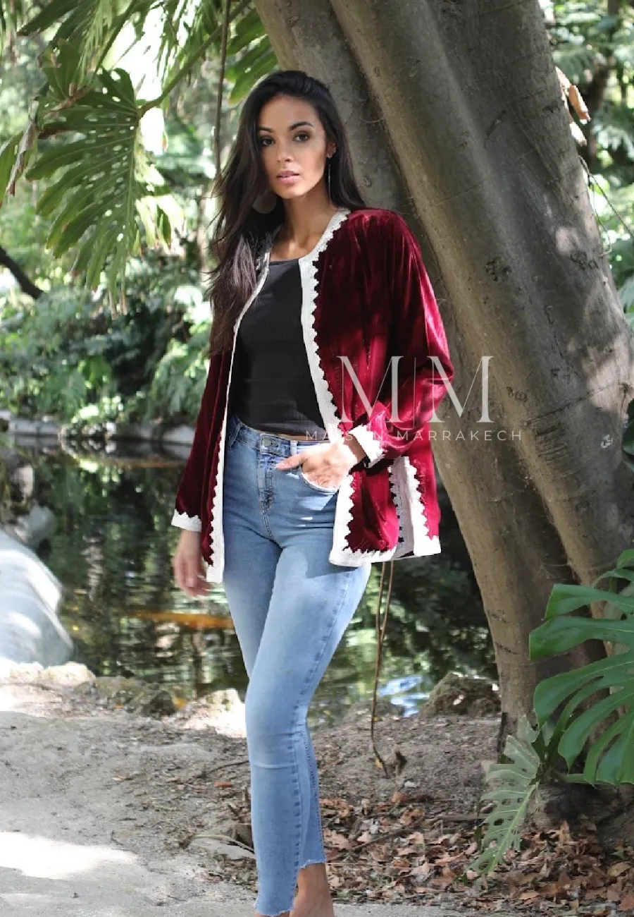 Red Velvet Luxury Bohemian Jacket with Black Embroidery- bohemian Jacket