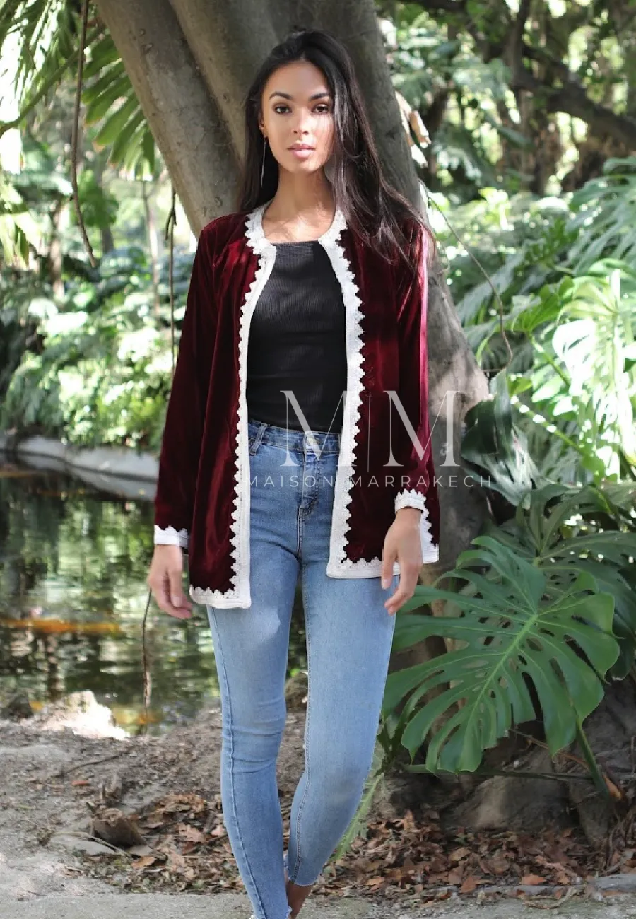 Red Velvet Luxury Bohemian Jacket with Black Embroidery- bohemian Jacket