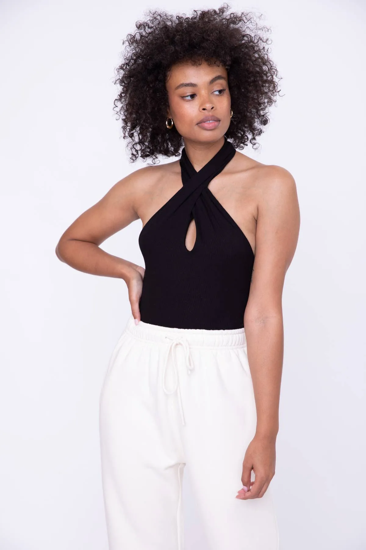 Ribbed Crisscross Halter Bodysuit