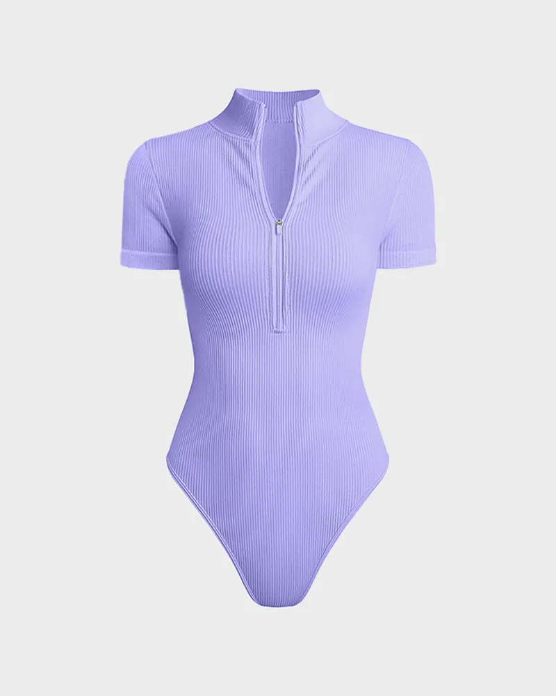 Ribbed Short Sleeve Half-Zip Sculpting Bodysuit