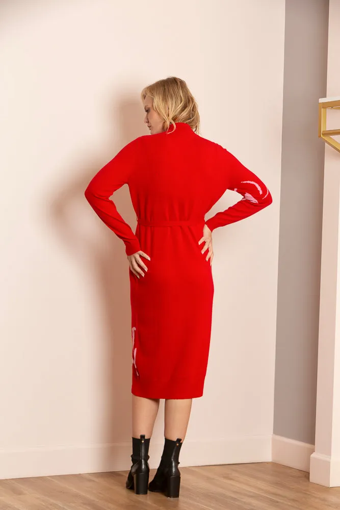 River Cashmere Blended Intarsia Knit Mock Neck Sweater Dress with a Belt