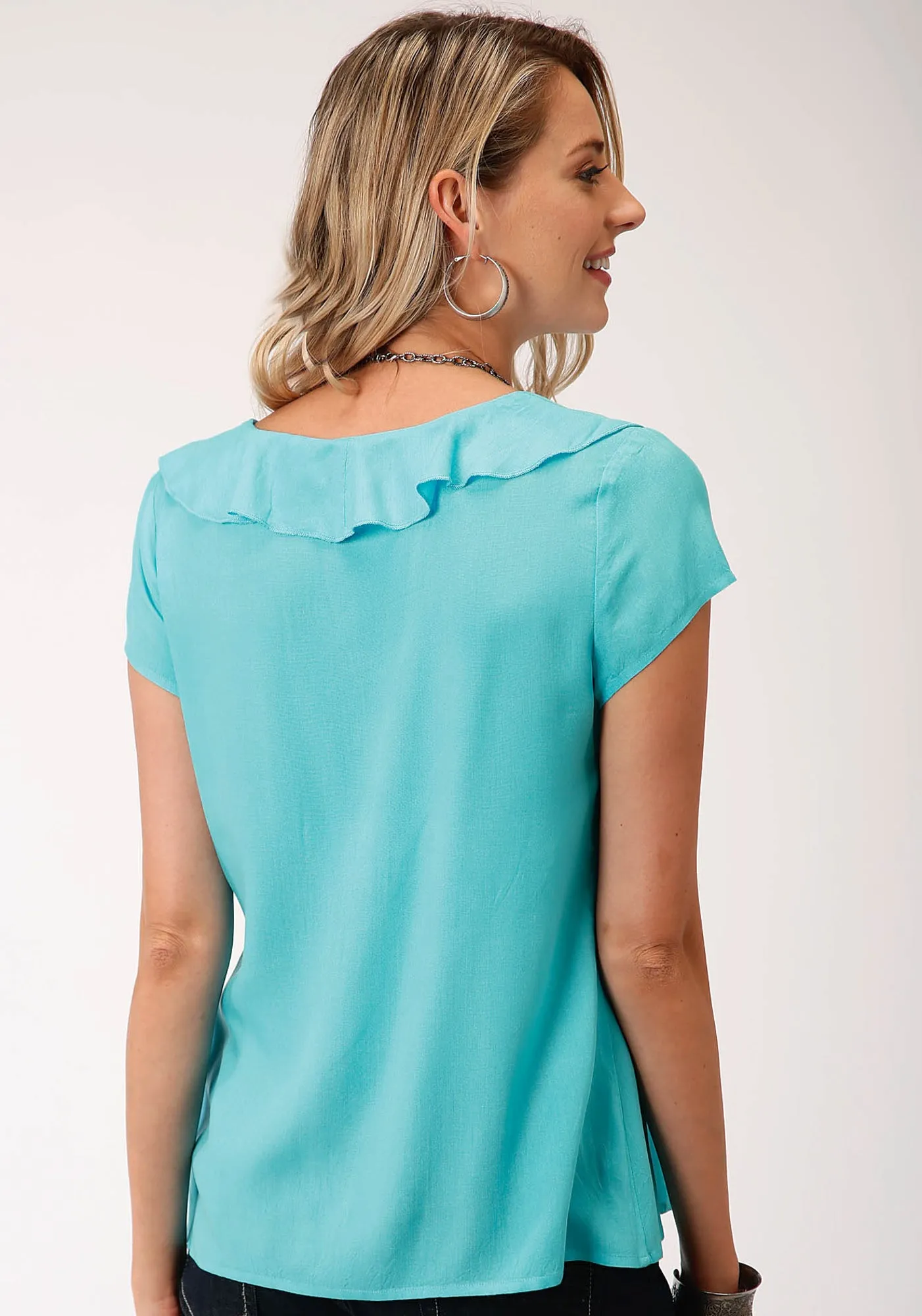 Roper Womens Aqua Blue Rayon/Nylon V-Neck Ruffle S/S Tunic