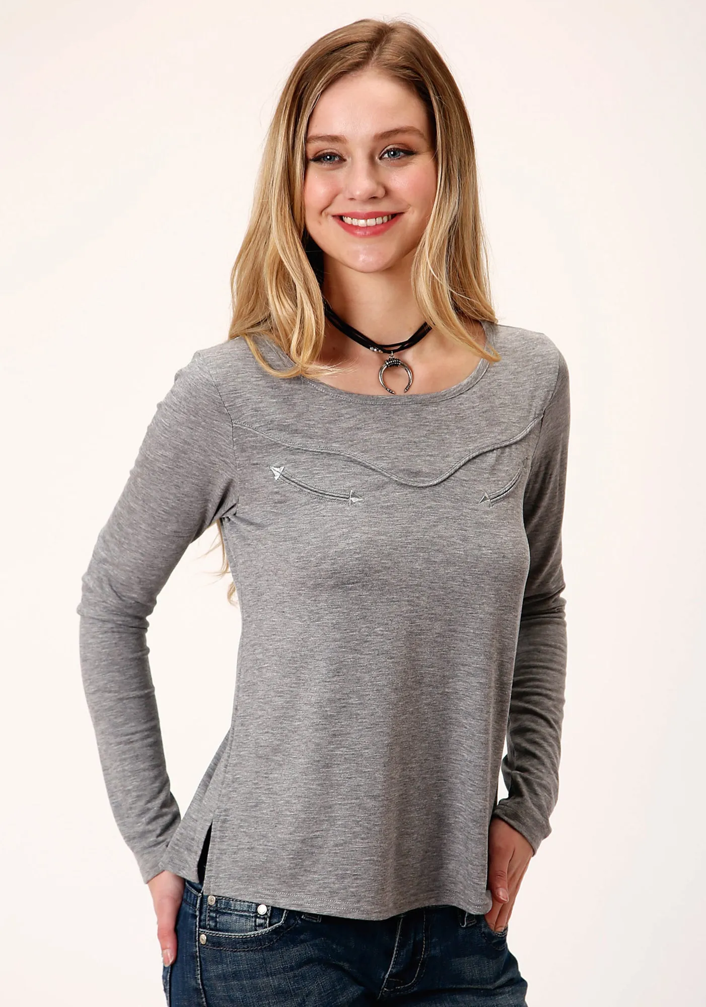 Roper Womens Heather Grey Poly/Rayon Western Yoke L/S Tunic