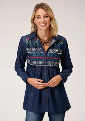 Roper Womens Indigo Denim 100% Cotton Geometric L/S Tunic