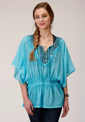 Roper Womens Turquoise 100% Cotton Peasant Top S/S Tunic