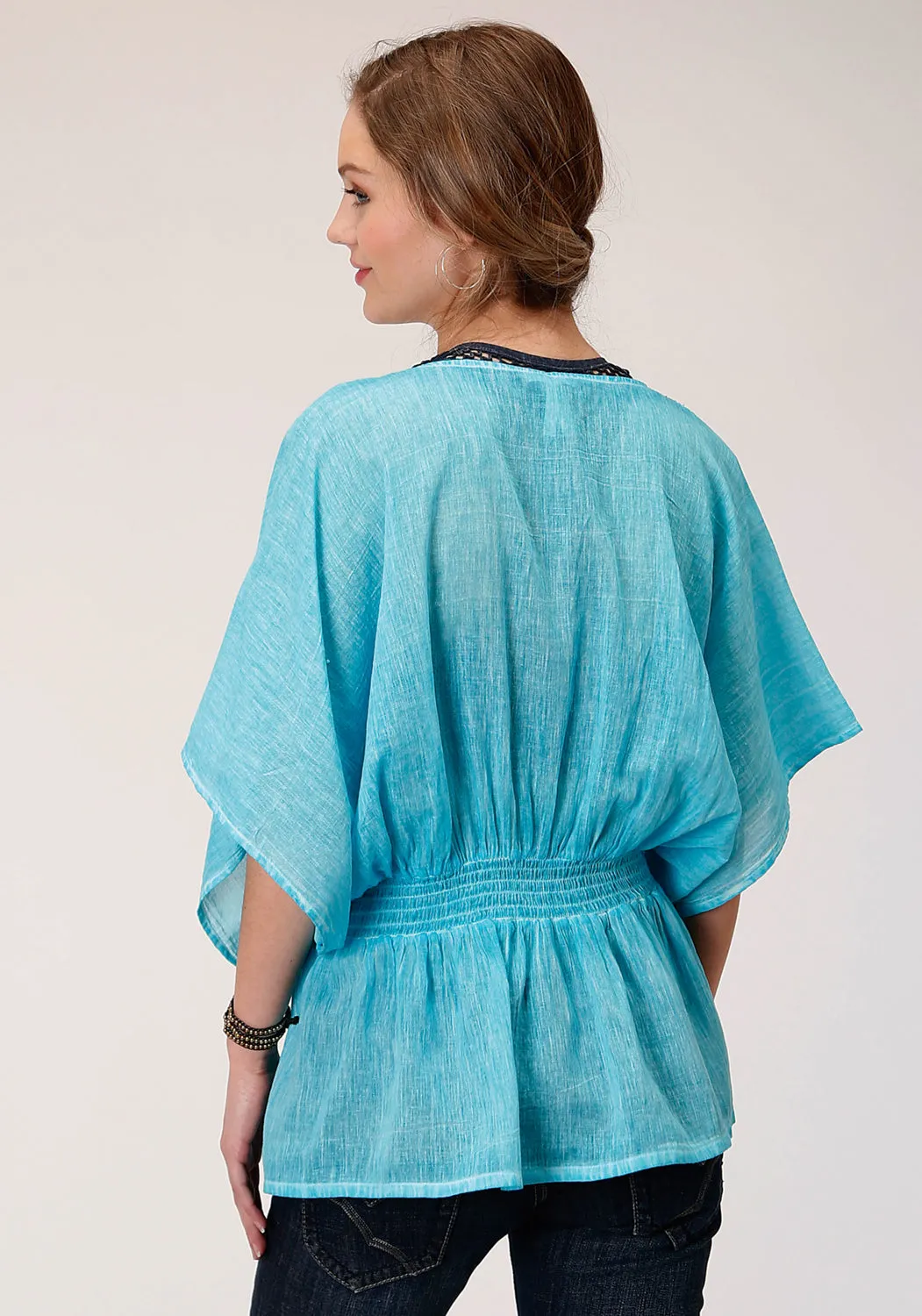 Roper Womens Turquoise 100% Cotton Peasant Top S/S Tunic