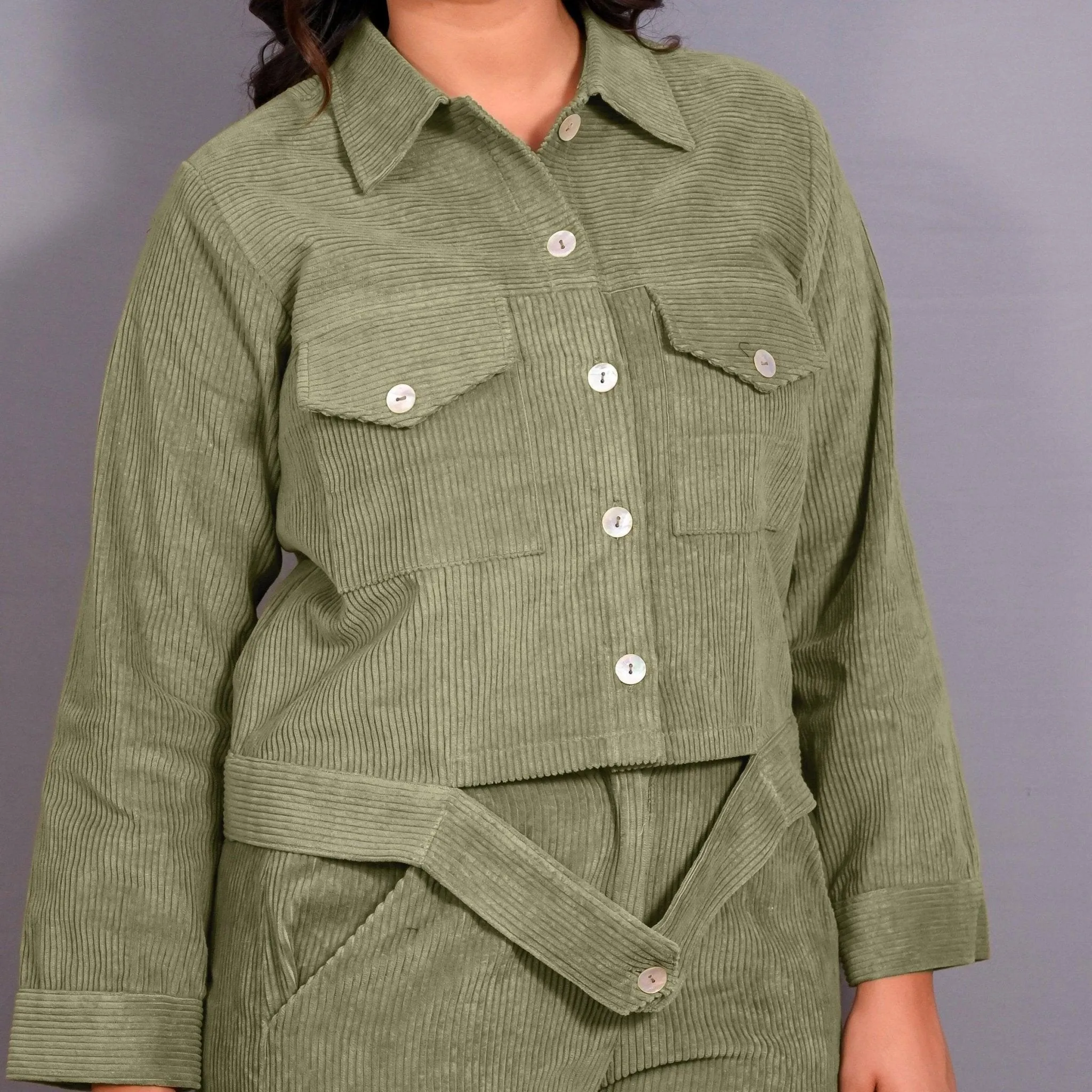 Sage Green Warm Cotton Corduroy Button-Down Shacket