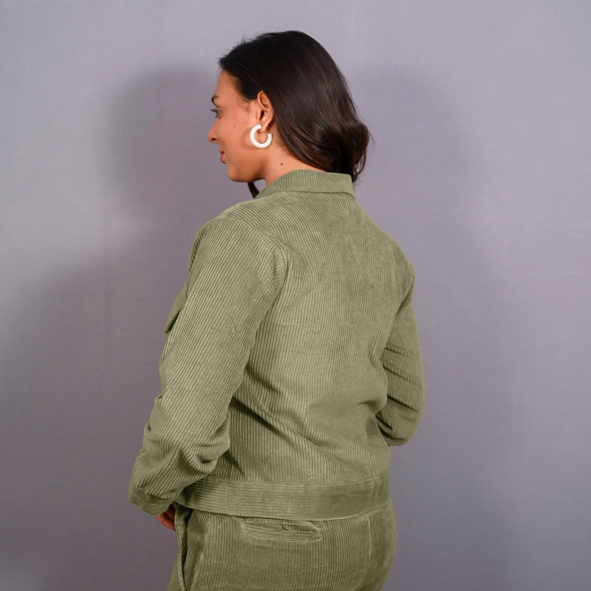 Sage Green Warm Cotton Corduroy Button-Down Shacket