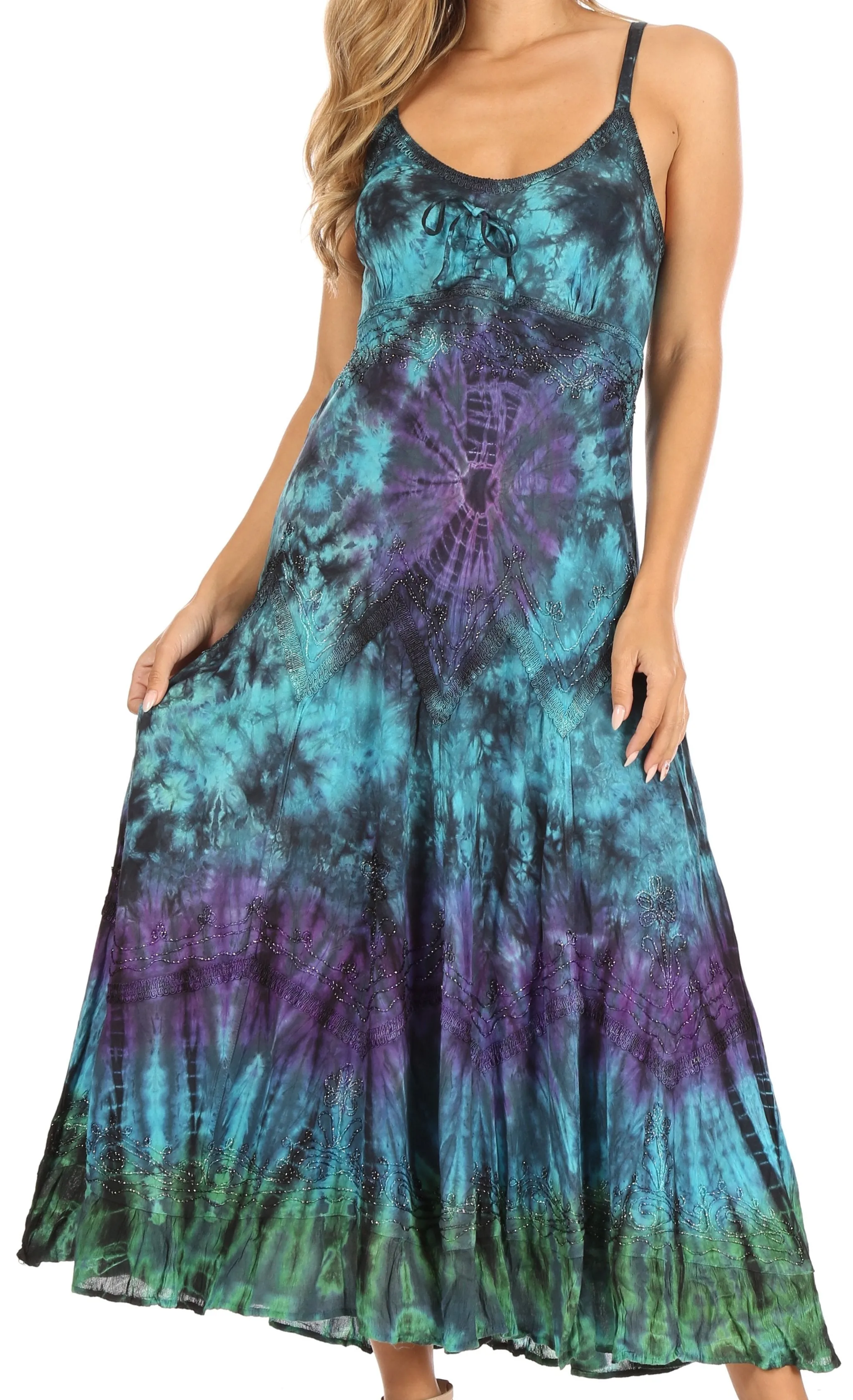 Sakkas Adela Women's Tie Dye Embroidered Adjustable Spaghetti Straps Long Dress