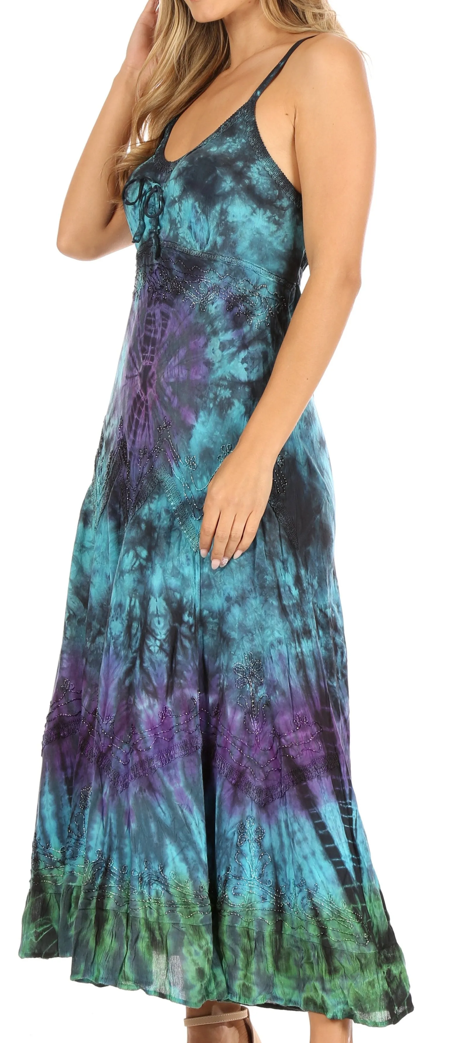 Sakkas Adela Women's Tie Dye Embroidered Adjustable Spaghetti Straps Long Dress