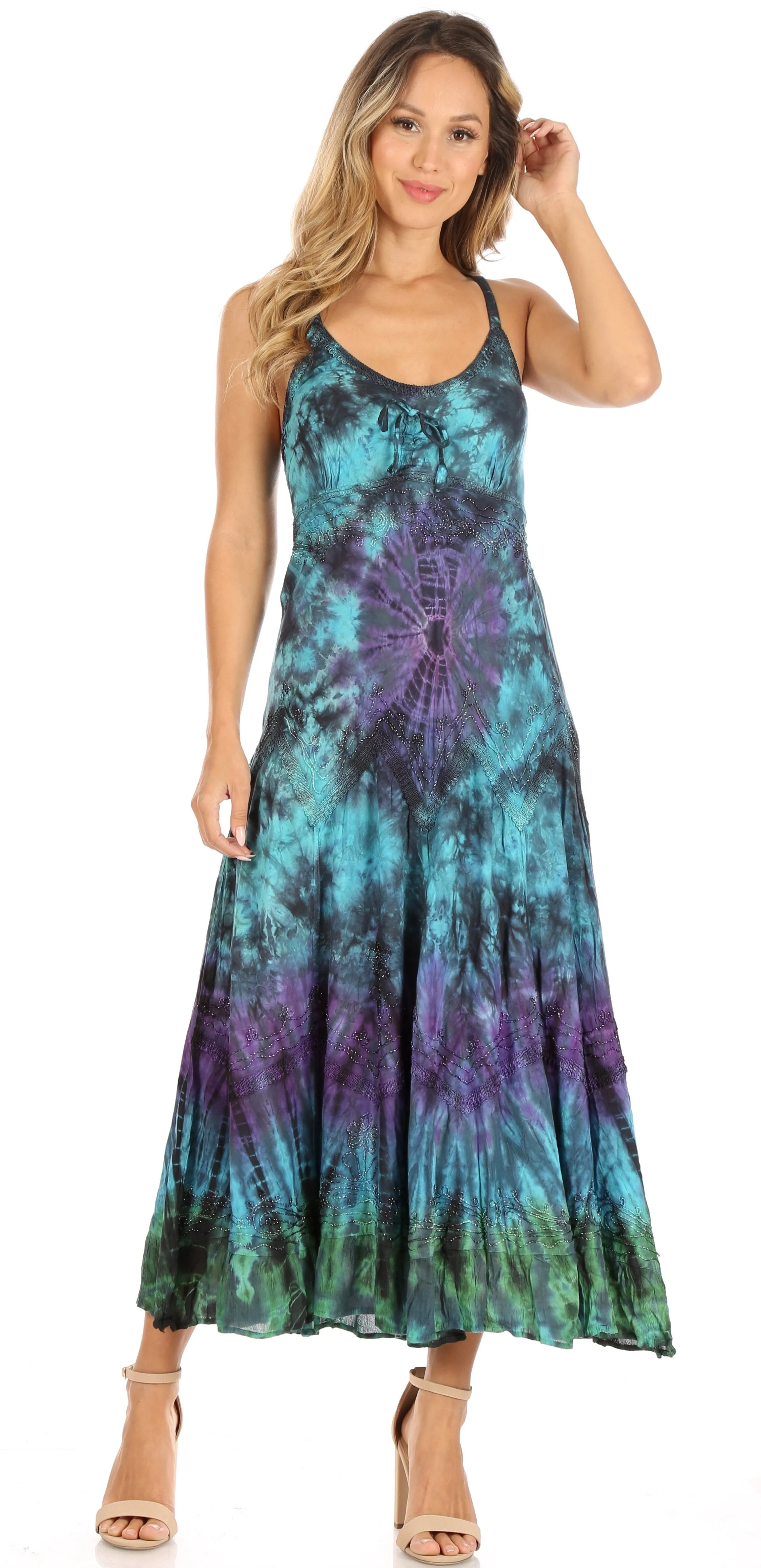 Sakkas Adela Women's Tie Dye Embroidered Adjustable Spaghetti Straps Long Dress