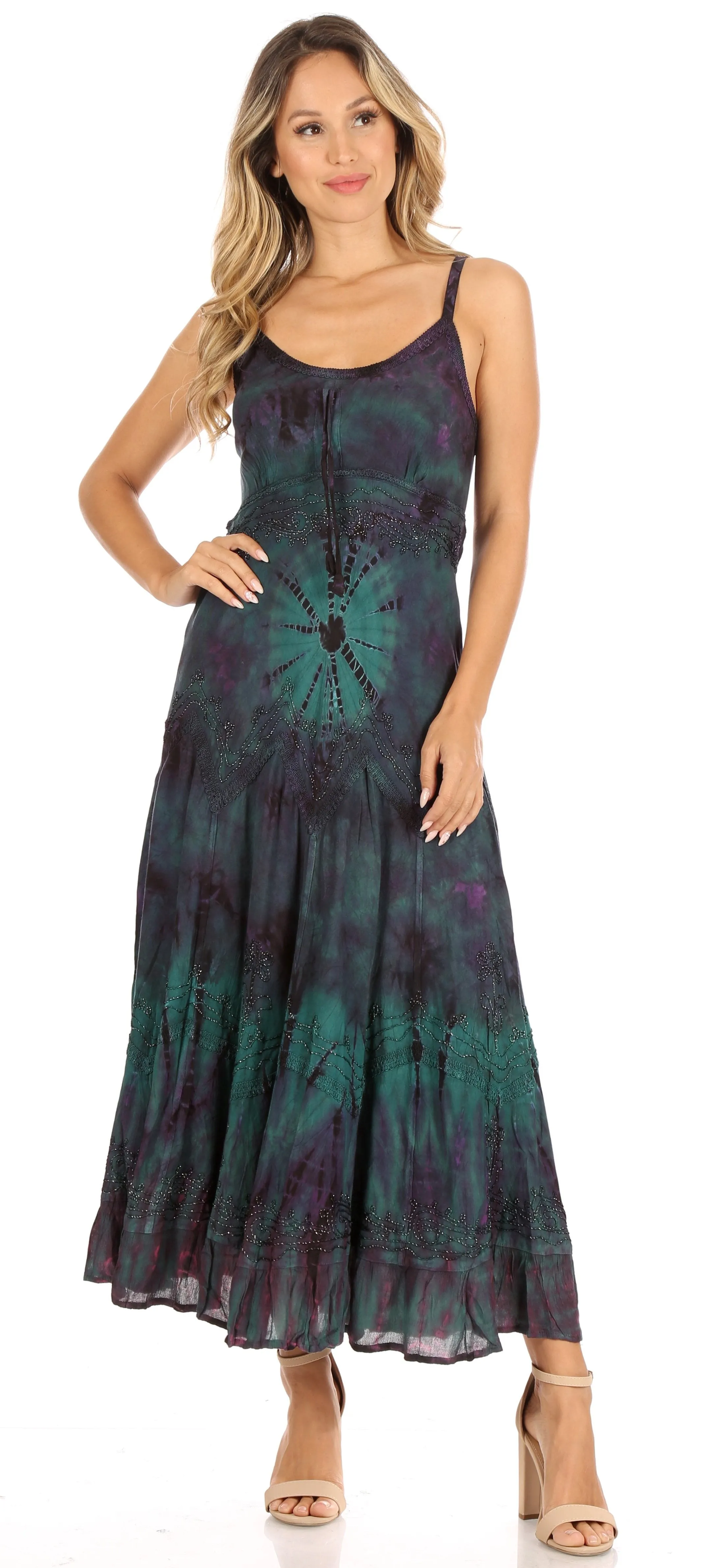 Sakkas Adela Women's Tie Dye Embroidered Adjustable Spaghetti Straps Long Dress