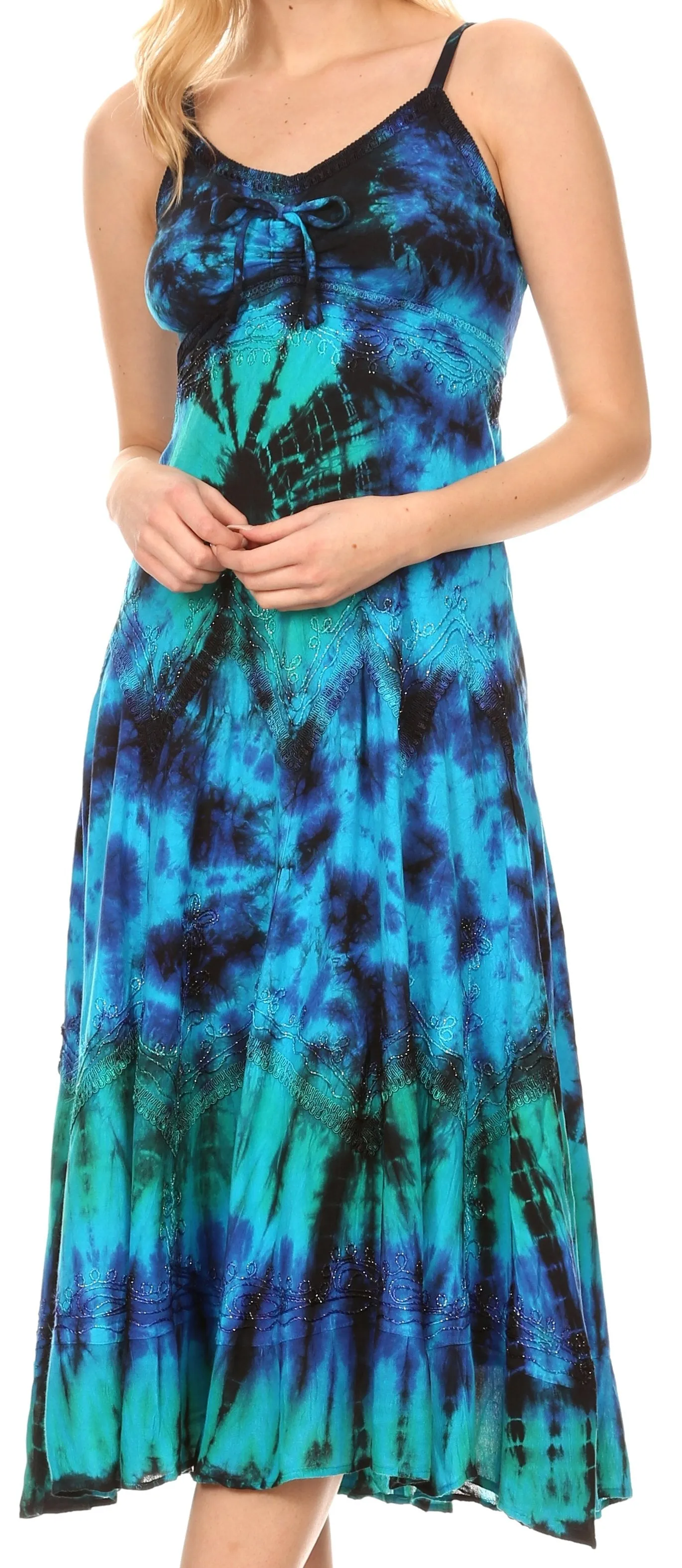 Sakkas Adela Women's Tie Dye Embroidered Adjustable Spaghetti Straps Long Dress