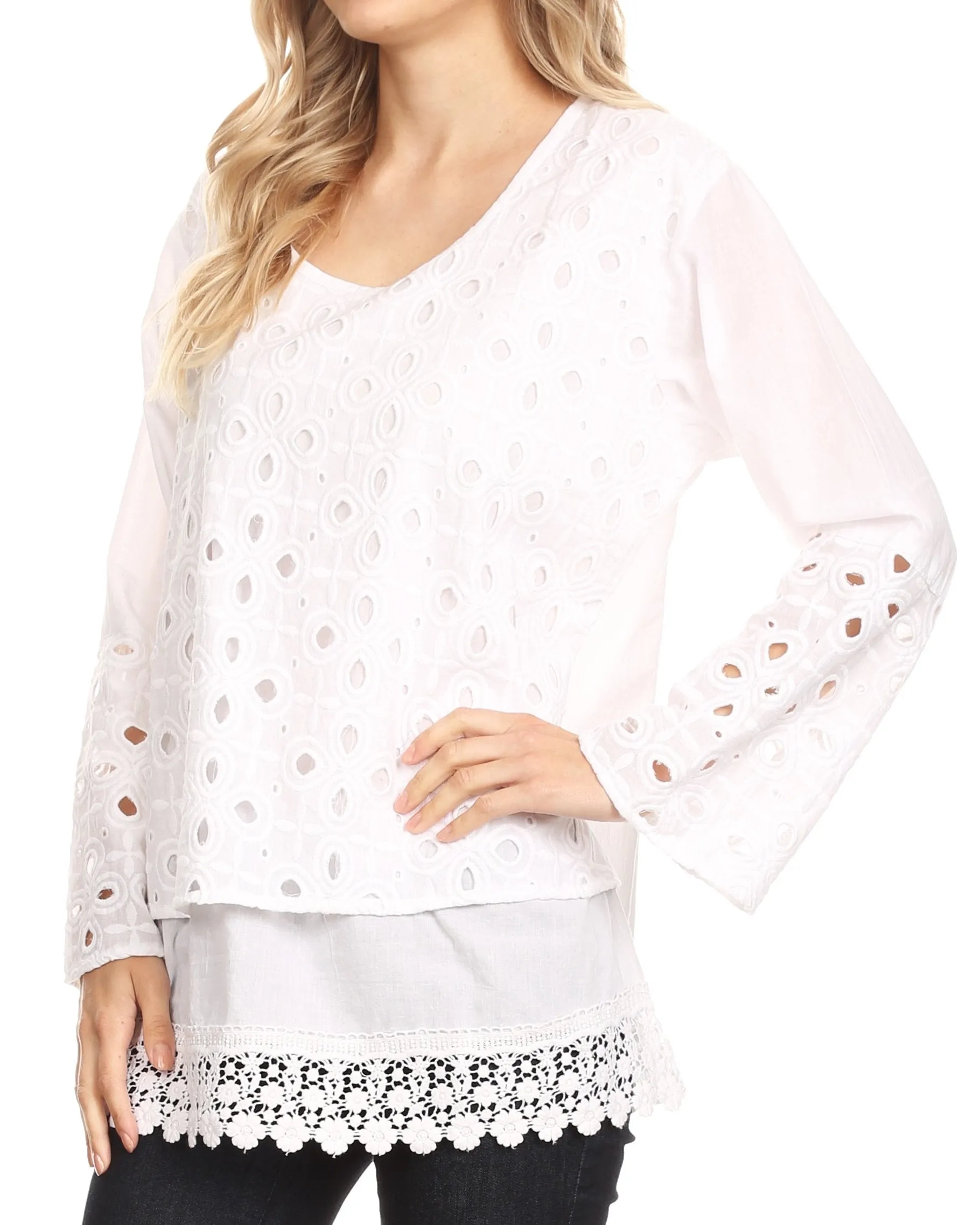 Sakkas Ayperi Womens Eyelet Embroidered Round Neck Cotton Basic Blouse Top Tunic