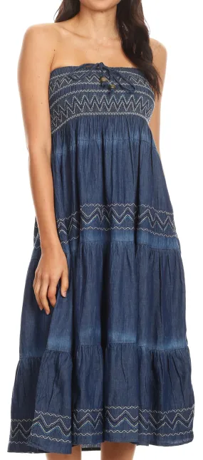 Sakkas Eliza Womens Denim Tube Top Dress Boho Strapless Sleeveless Chambray Maxi