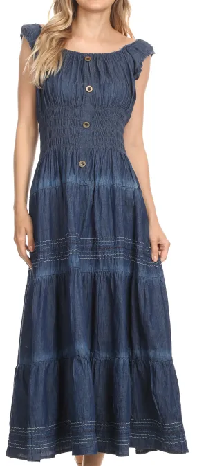 Sakkas Eva Womens Bohemiam Denim Off shoulder Dress Maxi Casual Smock Sundress