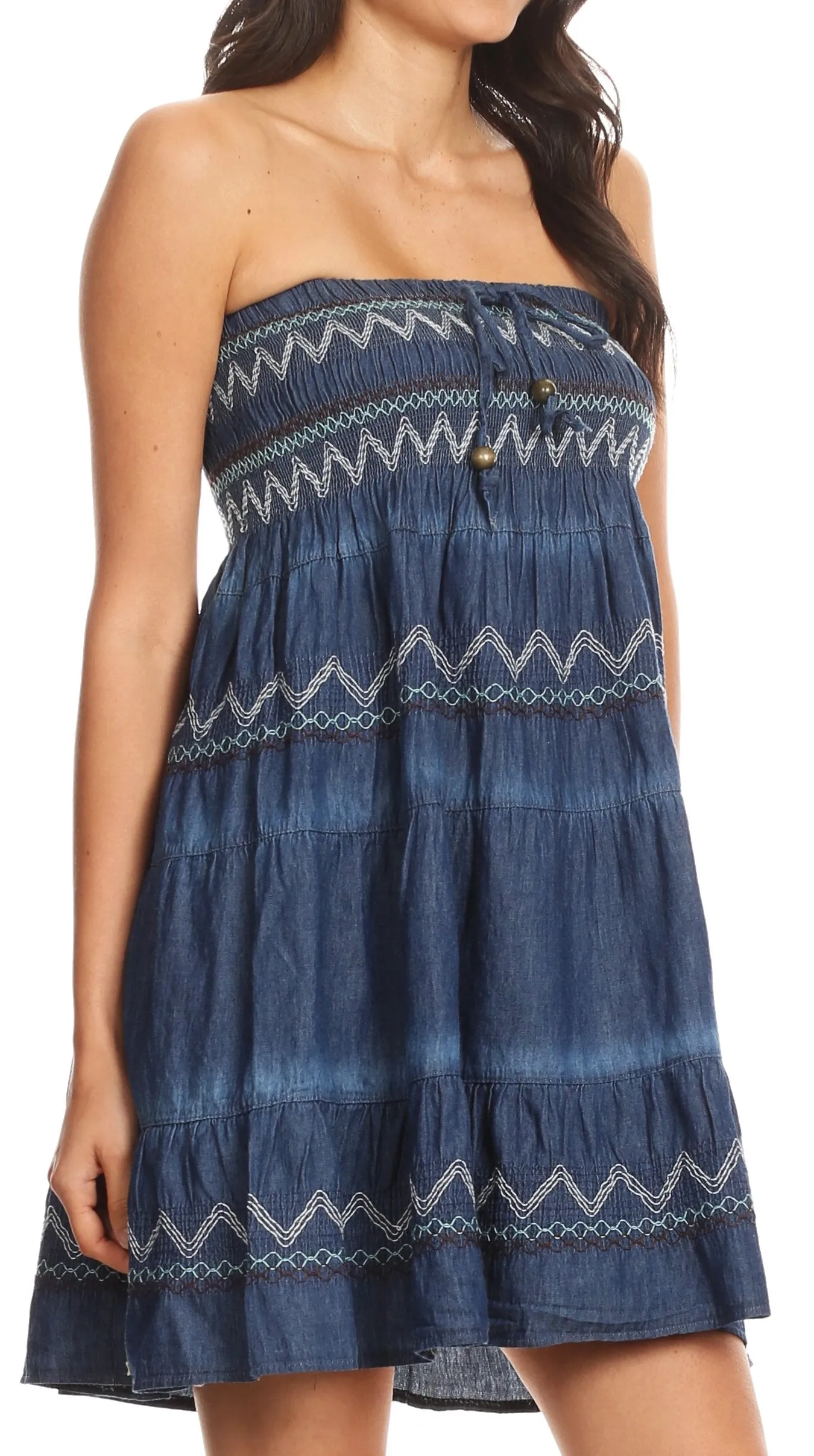 Sakkas Eva Womens Denim Strapless Tube Top Smock Short Sleeveless Dress Chambray