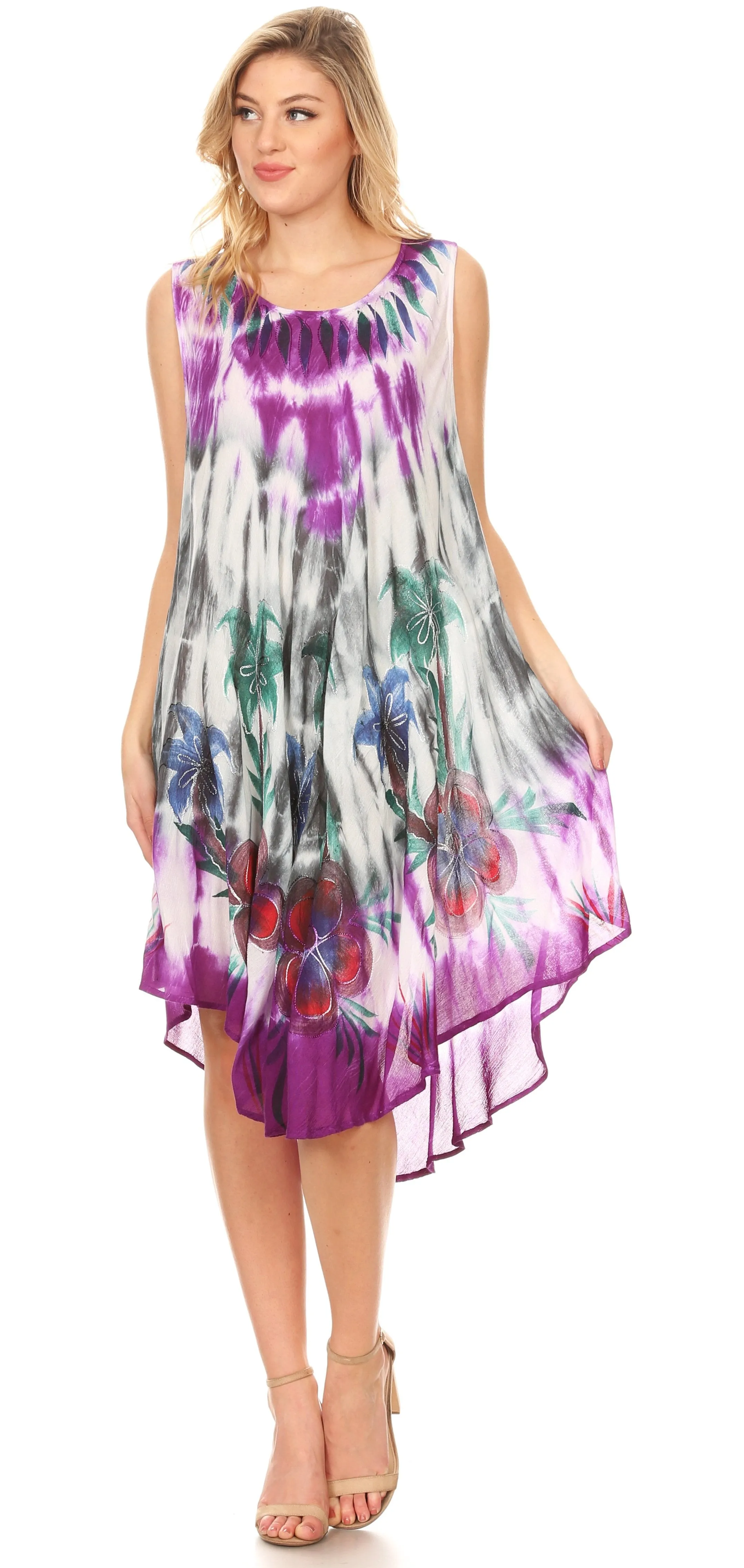 Sakkas Jimena Women's Tie Dye Sleeveless Caftan Dress Sundress Flare Floral Print