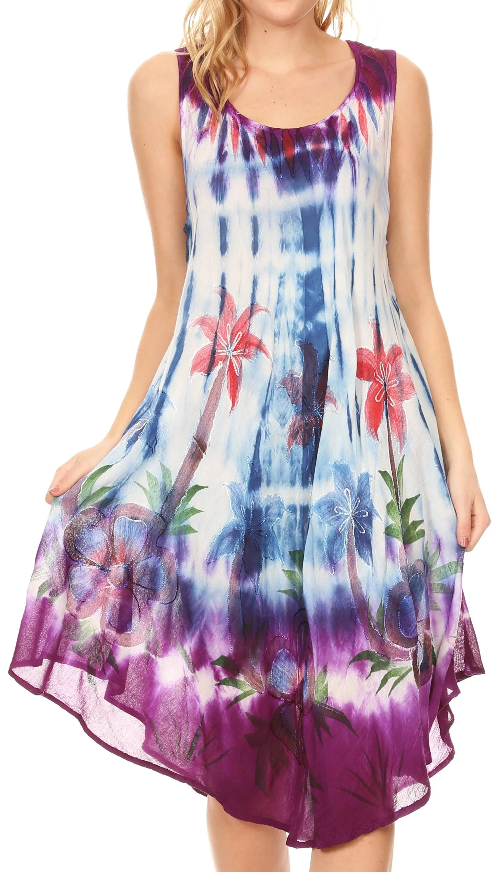 Sakkas Jimena Women's Tie Dye Sleeveless Caftan Dress Sundress Flare Floral Print