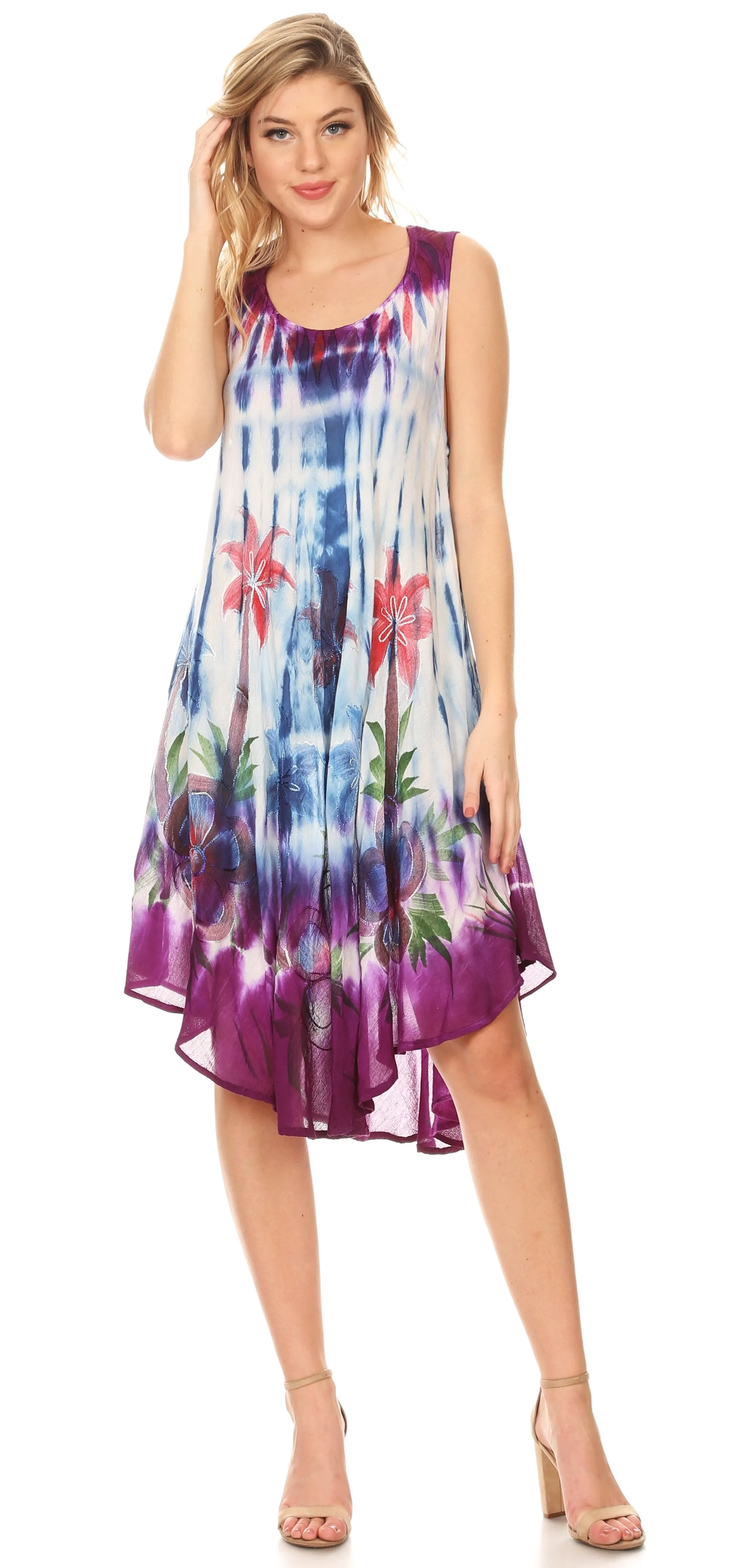 Sakkas Jimena Women's Tie Dye Sleeveless Caftan Dress Sundress Flare Floral Print