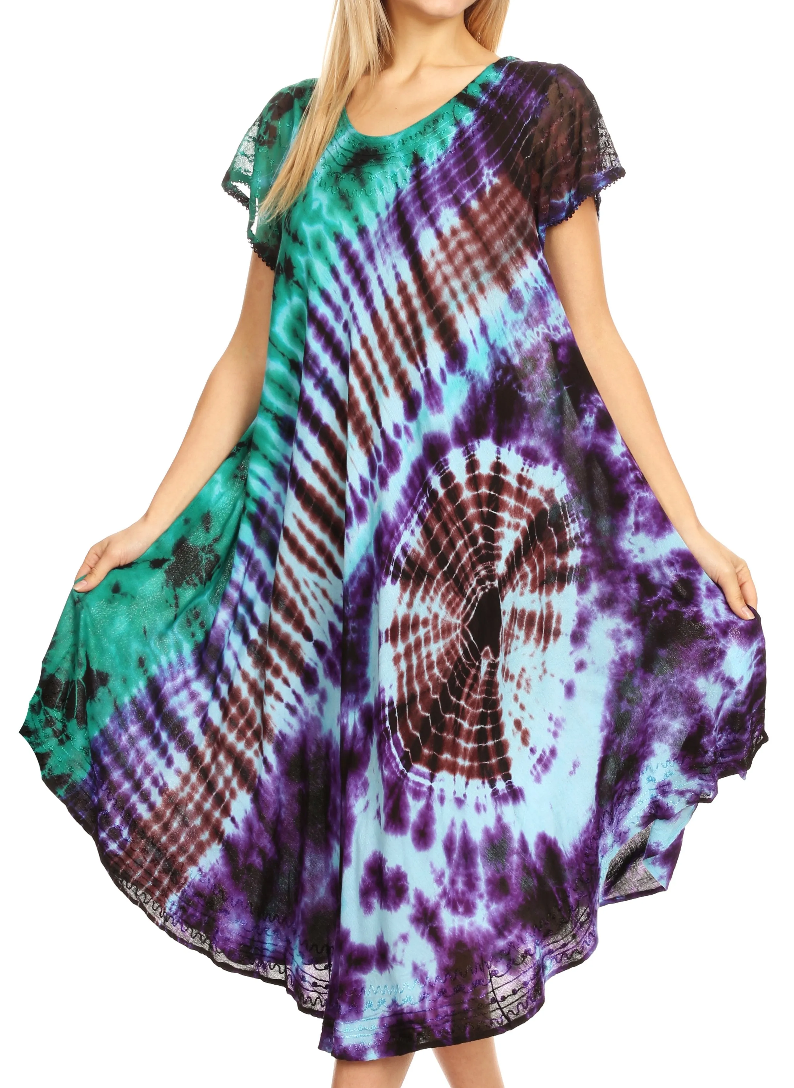 Sakkas Sofi Women's Short Sleeve Embroidered Tie Dye Caftan Tank Dress / Cover Up