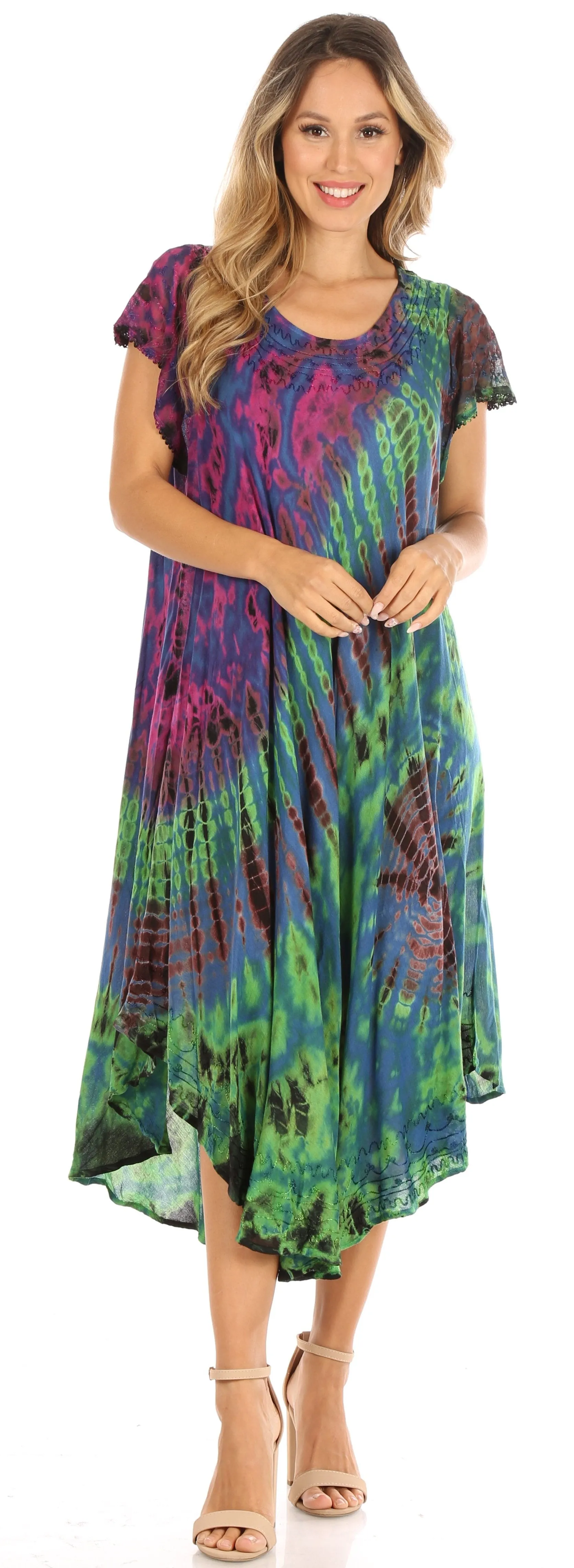 Sakkas Sofi Women's Short Sleeve Embroidered Tie Dye Caftan Tank Dress / Cover Up