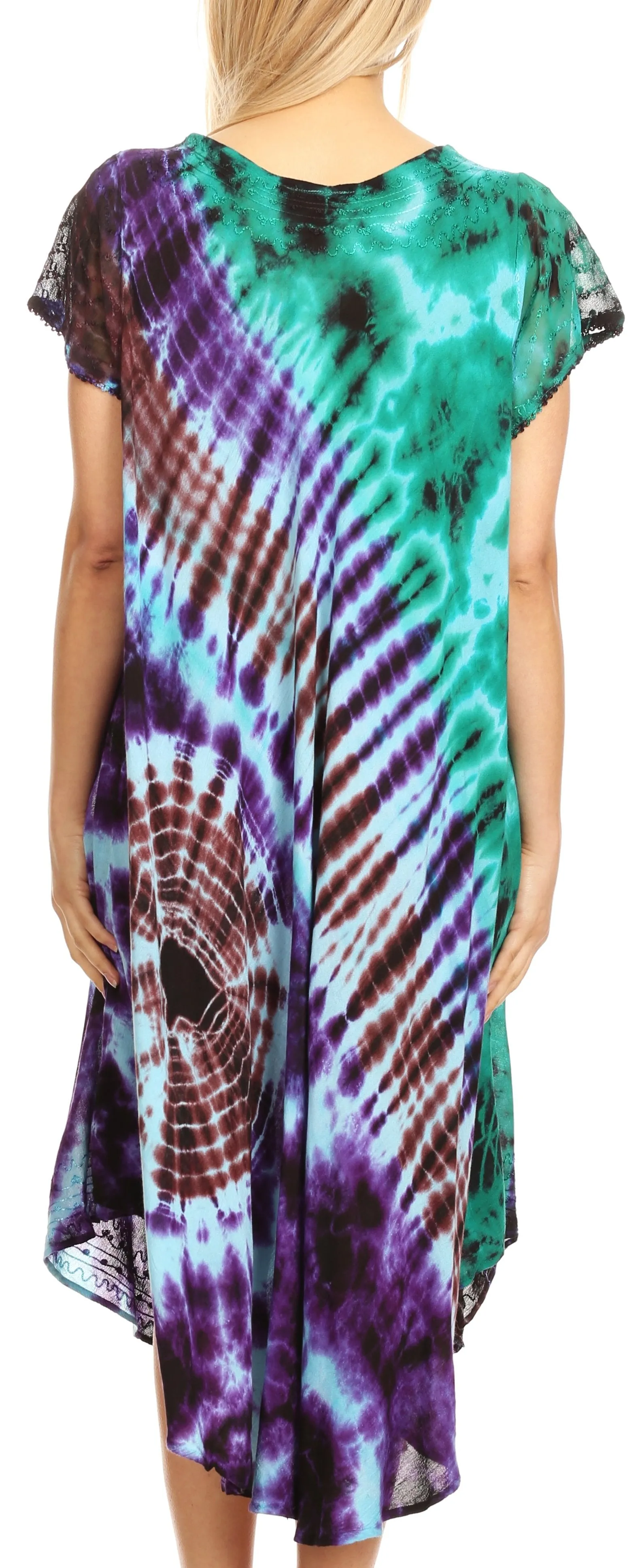 Sakkas Sofi Women's Short Sleeve Embroidered Tie Dye Caftan Tank Dress / Cover Up